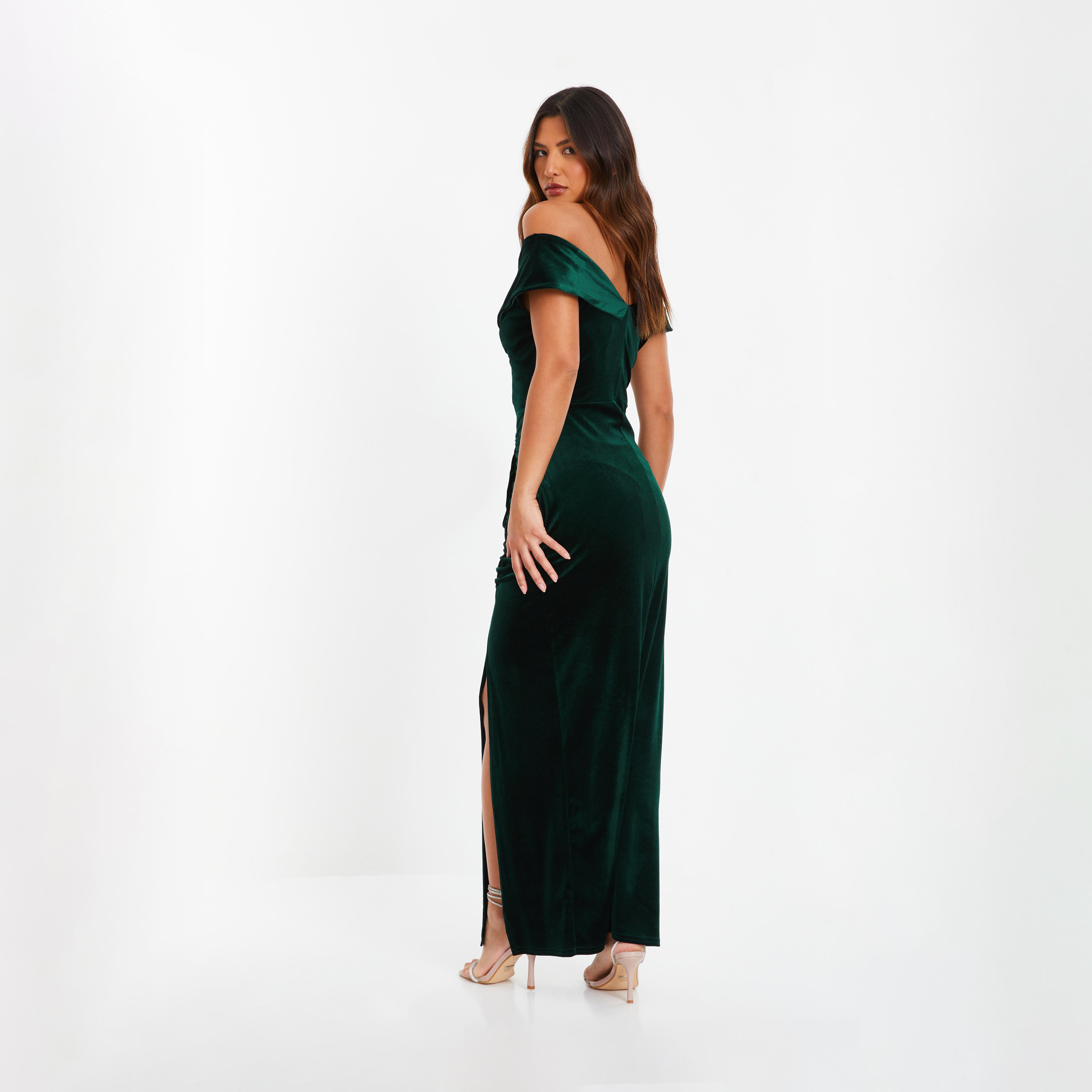 Quiz Bottle Green Velvet Bardot Ruched Maxi Evening Dress-women-clothing-dresses-image-2