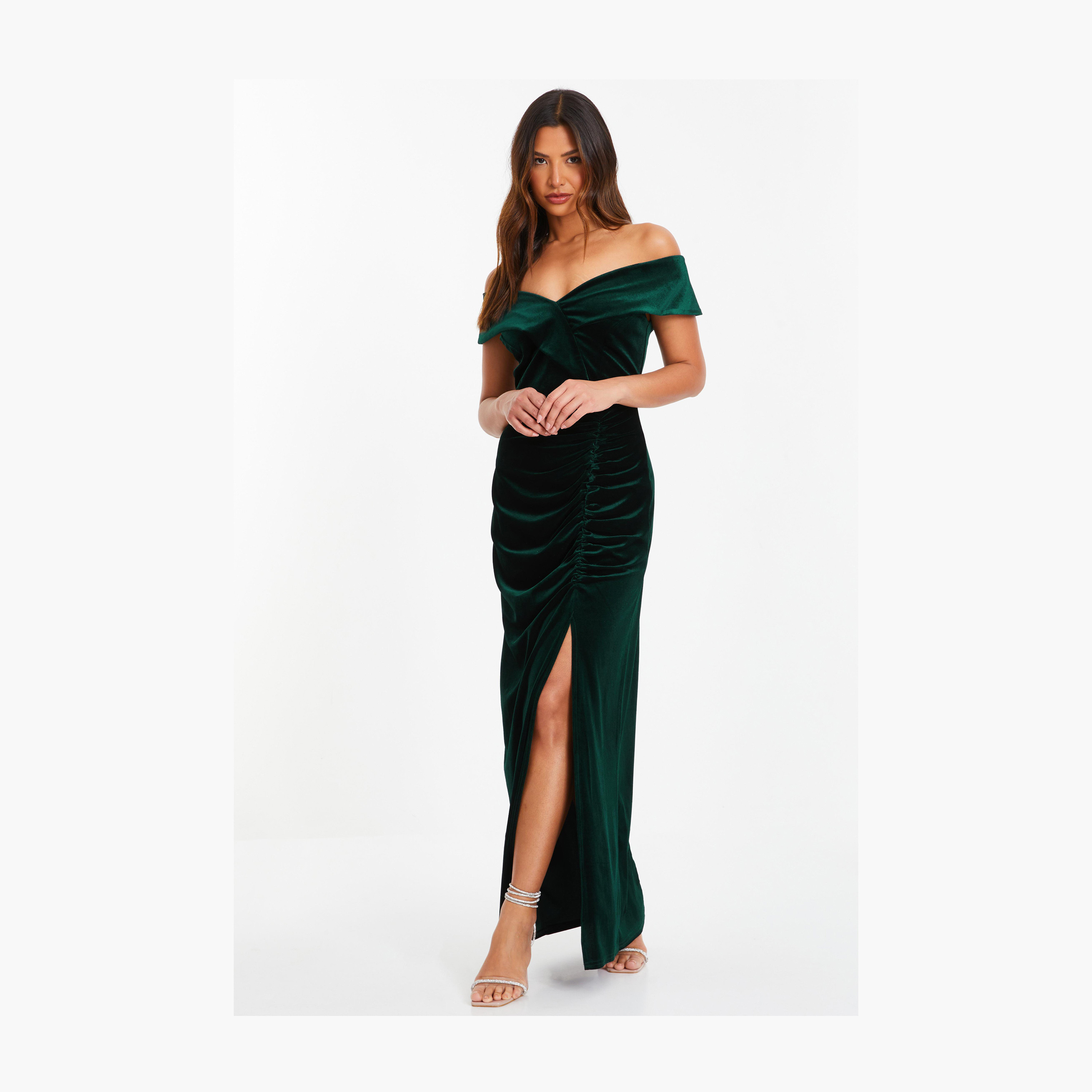 Quiz Bottle Green Velvet Bardot Ruched Maxi Evening Dress-women-clothing-dresses-image-3