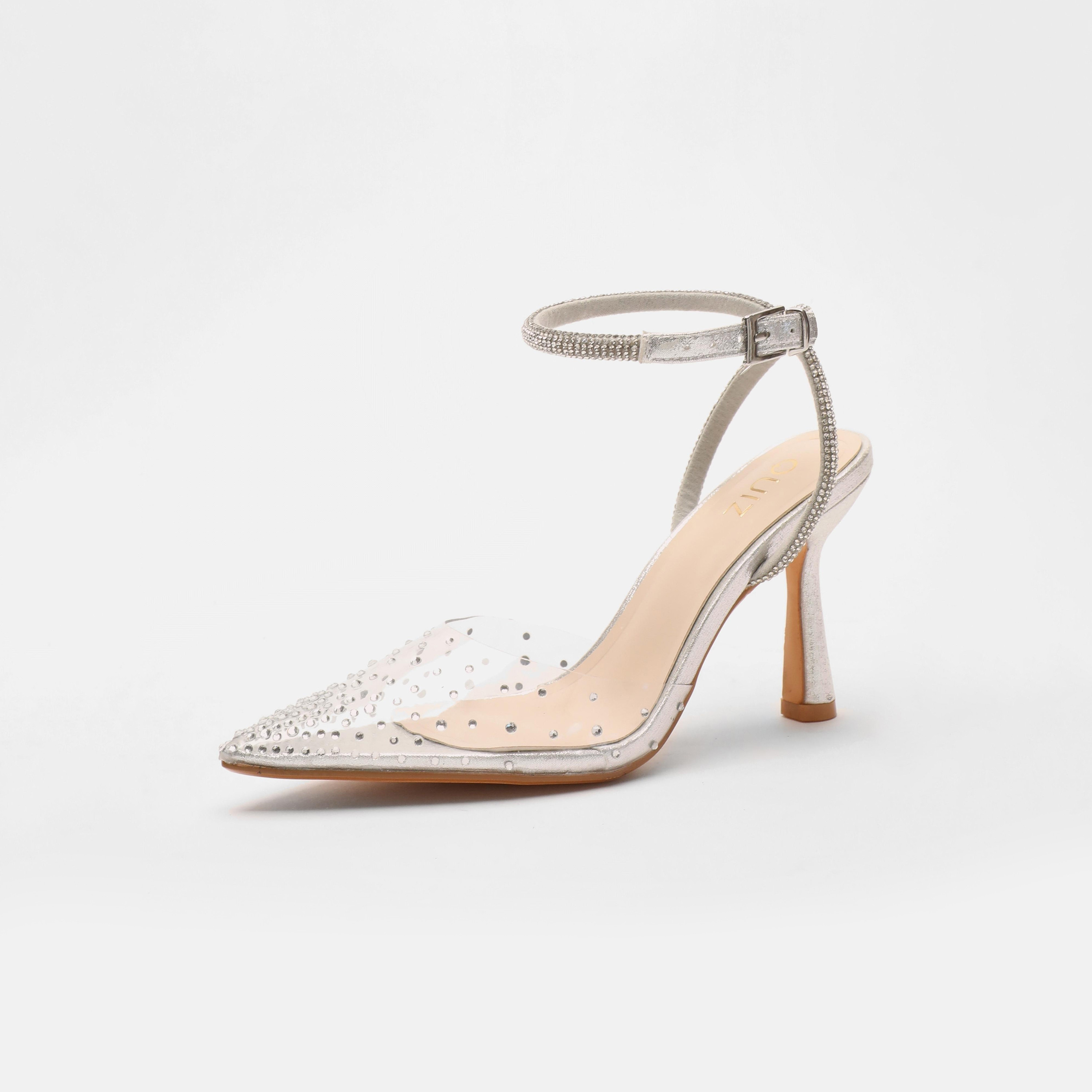 صندل نسائي من كويز بكعب صغير وشريط للكاحل مع كريستالية| 00100039895-women-shoes-heels-image-1