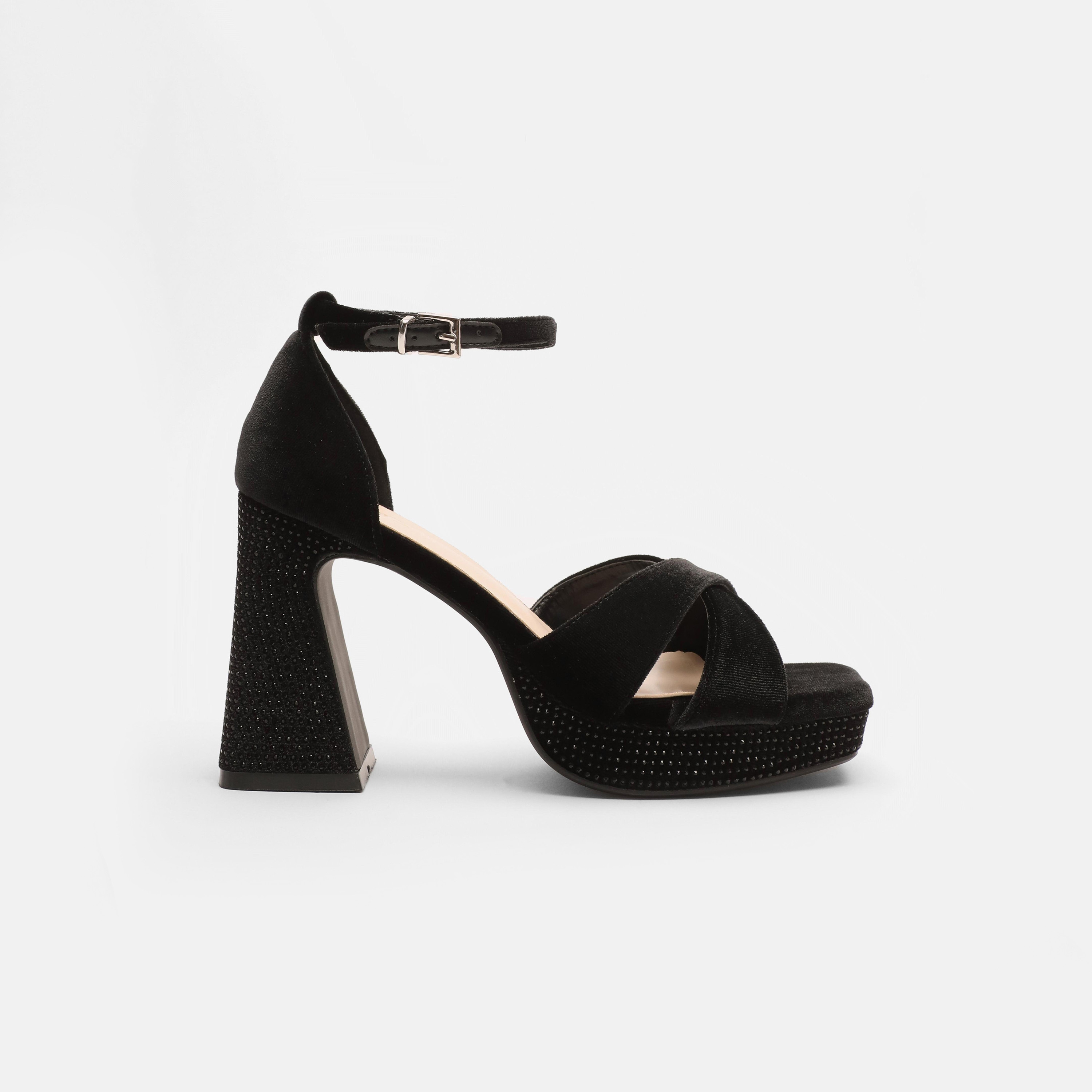 صندل نسائي من كويز بكعب عريض وشريط للكاحل مع كريستالية | 00100039910-women-shoes-heels-image-2