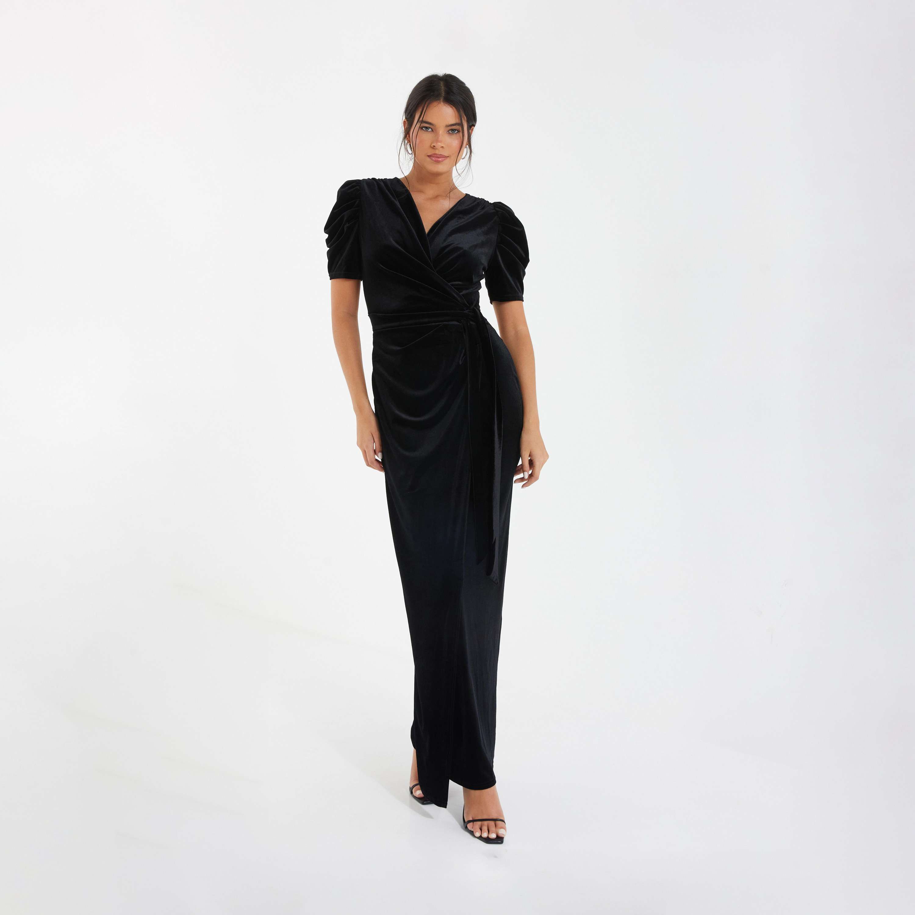 Quiz Black Velvet Wrap Maxi Evening Dress with Puff Sleeve Evening Dress-women-clothing-dresses-image-1
