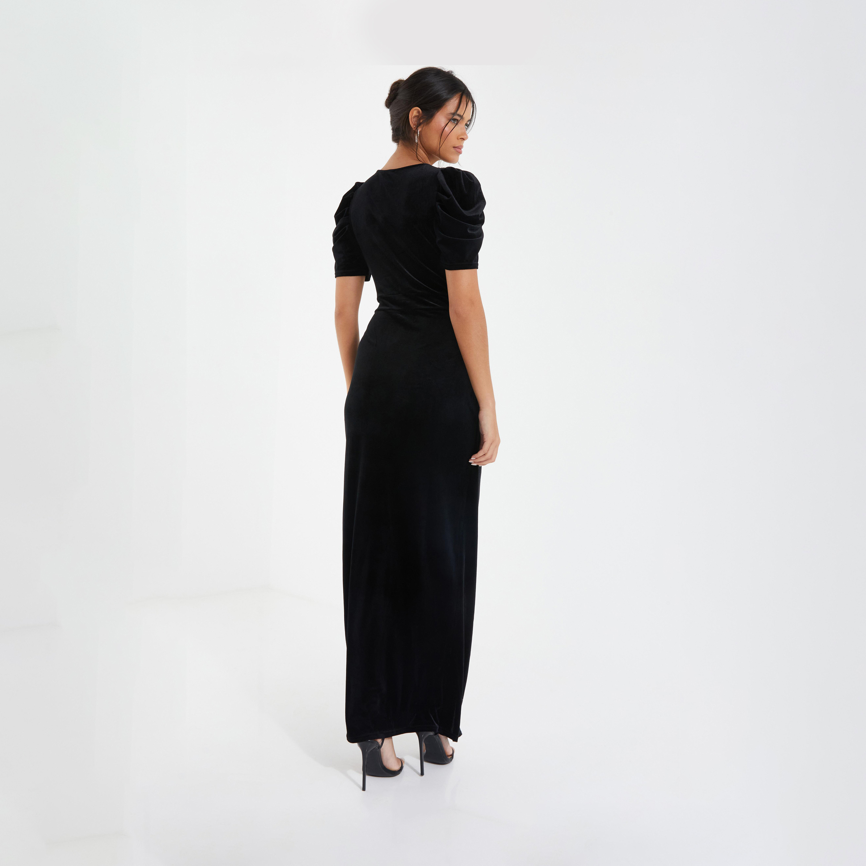 Quiz Black Velvet Wrap Maxi Evening Dress with Puff Sleeve Evening Dress-women-clothing-dresses-image-2