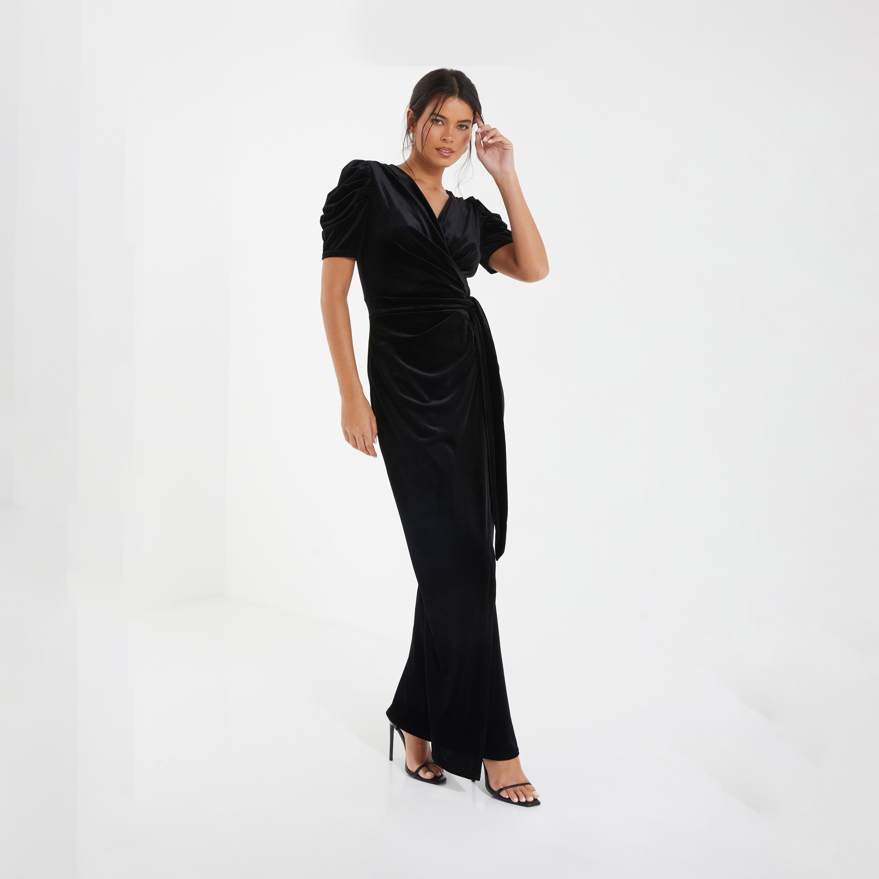 Quiz Black Velvet Wrap Maxi Evening Dress with Puff Sleeve Evening Dress-women-clothing-dresses-image-3