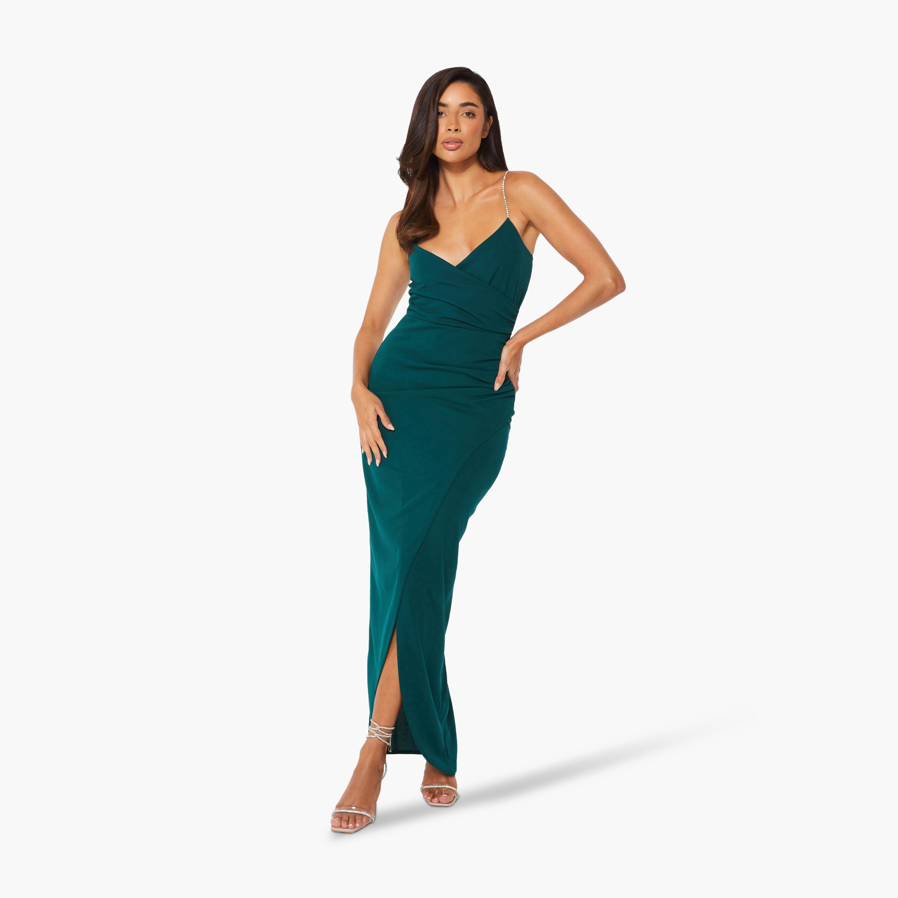 Quiz Bottle Green Scuba Crepe Diamante Strap Wrap Maxi Evening Dress-women-clothing-dresses-image-1