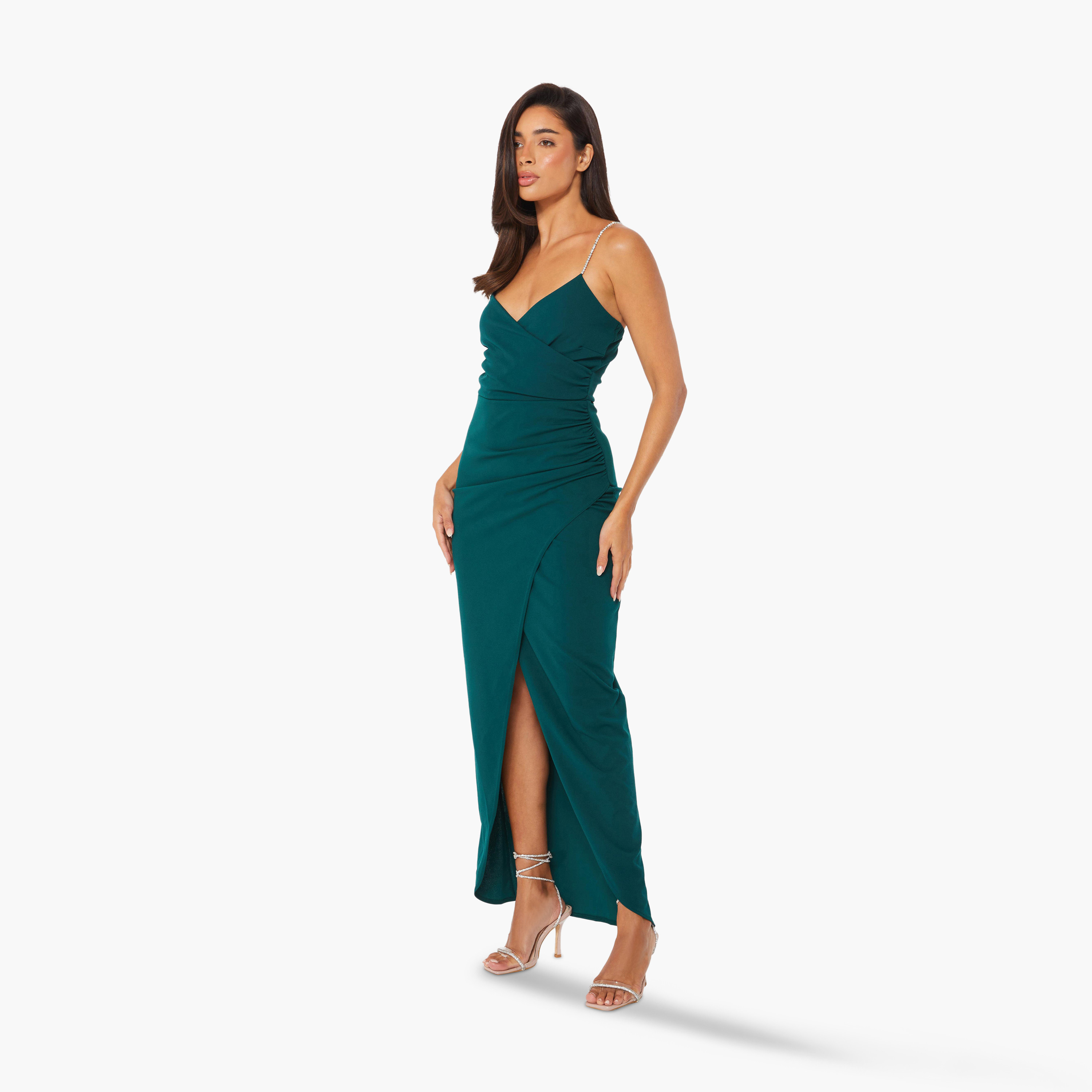 Quiz Bottle Green Scuba Crepe Diamante Strap Wrap Maxi Evening Dress-women-clothing-dresses-image-3