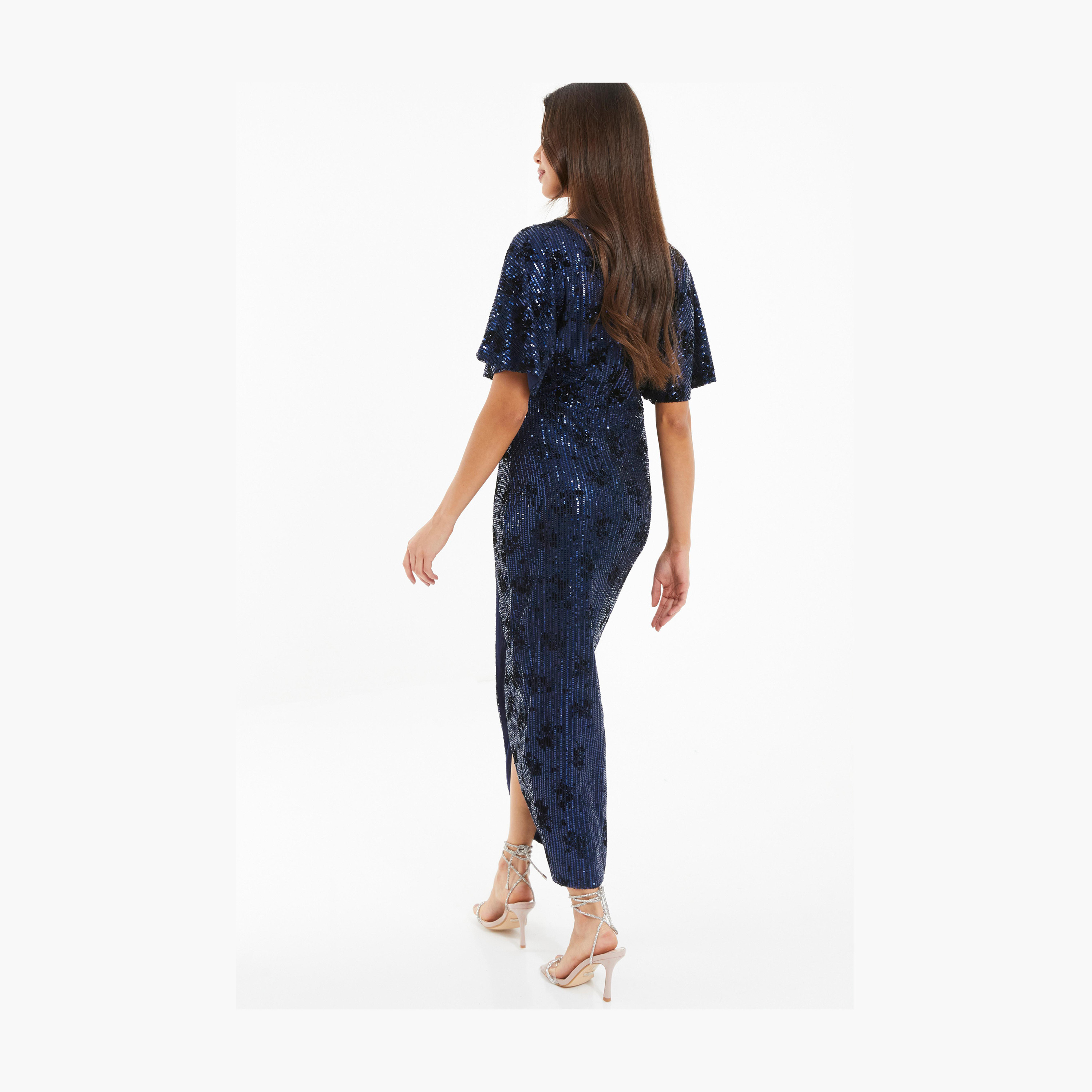 كويز-  فستان ماكسي ملفوف من المخمل باللون الأسود والكحلي بنقشة جلد الخفاش-women-clothing-dresses-image-2