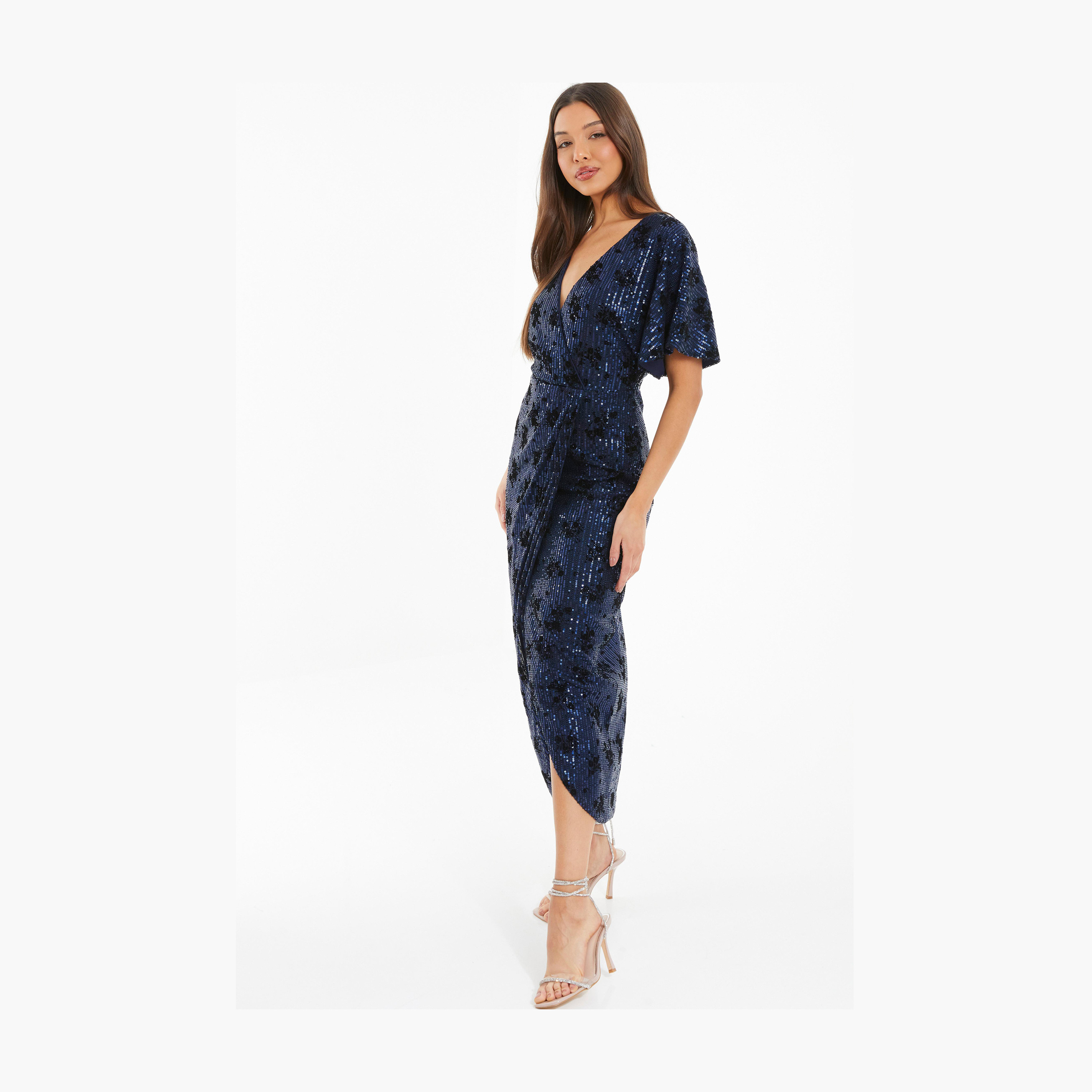 Quiz Navy/Black Flocked Batwing Wrap Maxi Dress-women-clothing-dresses-image-3