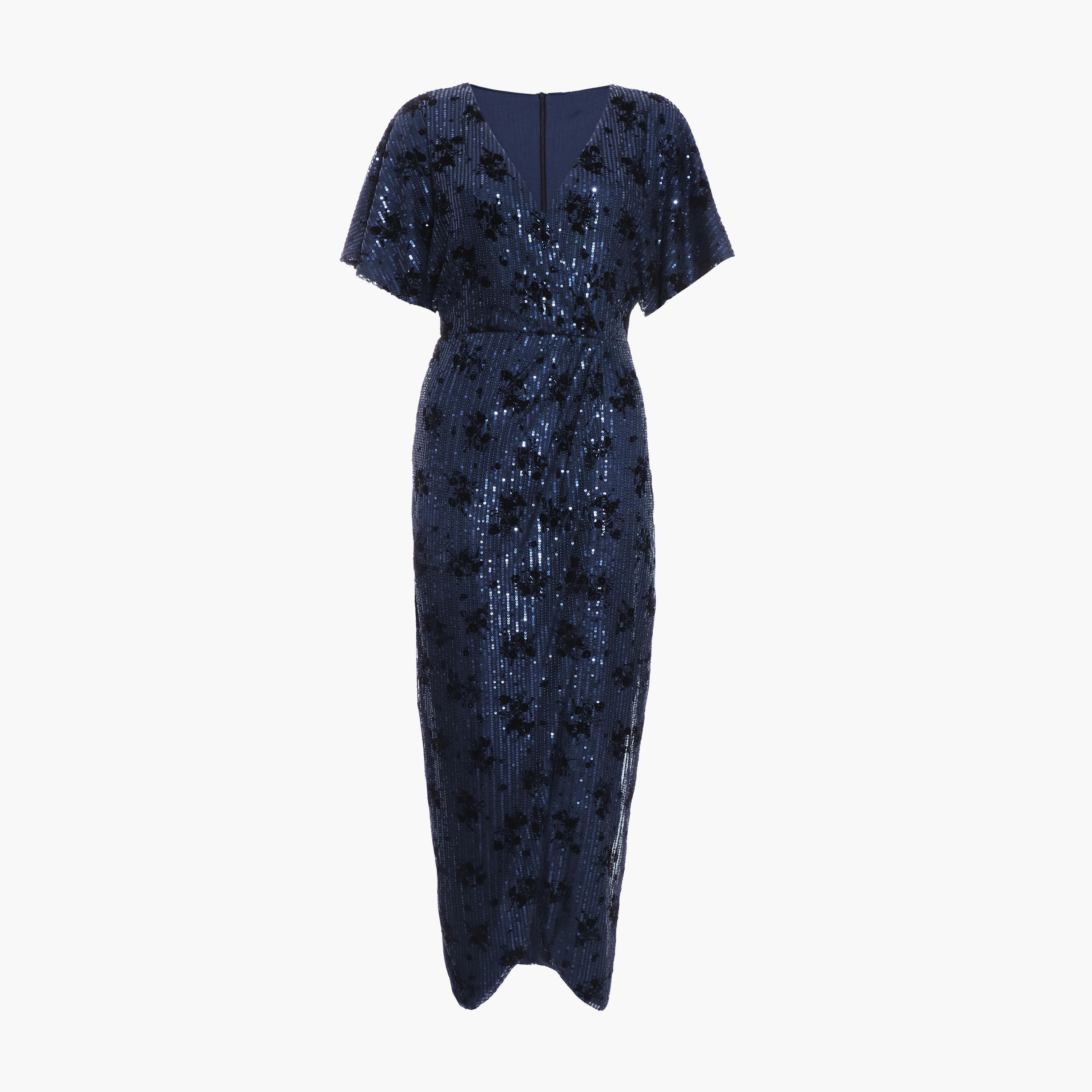 كويز-  فستان ماكسي ملفوف من المخمل باللون الأسود والكحلي بنقشة جلد الخفاش-women-clothing-dresses-image-5