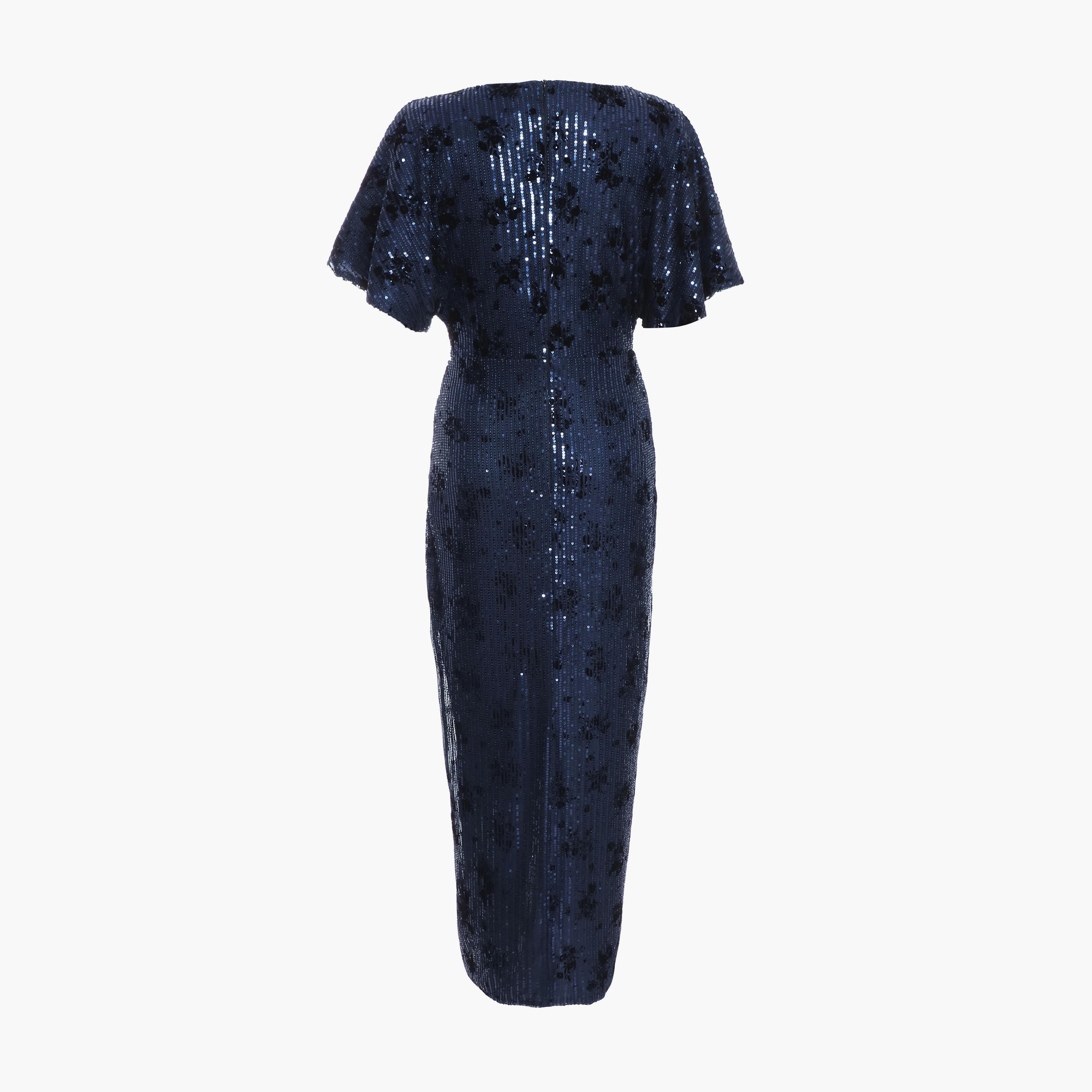 كويز-  فستان ماكسي ملفوف من المخمل باللون الأسود والكحلي بنقشة جلد الخفاش-women-clothing-dresses-image-6