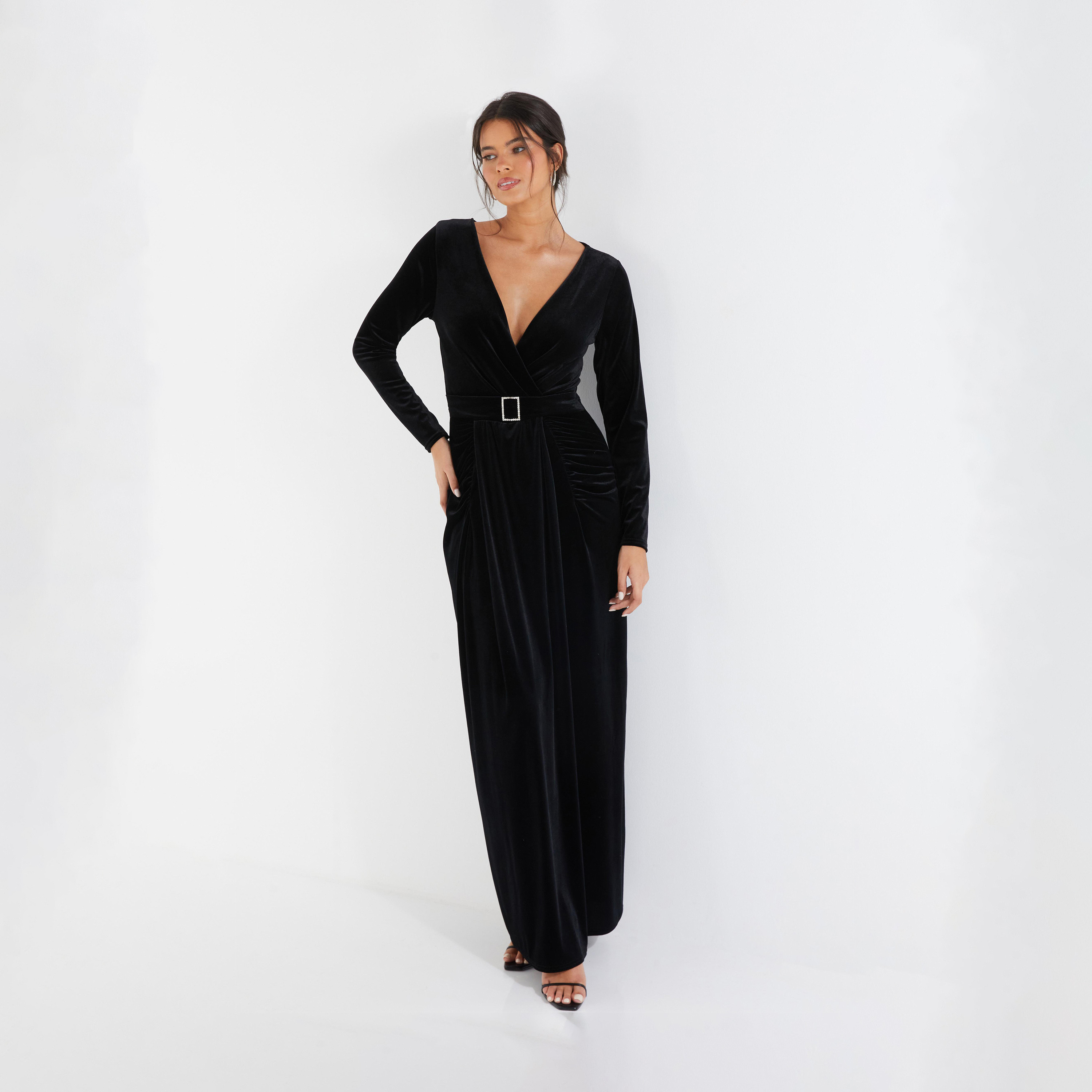 Quiz Black Velvet Buckle Detail Long Sleeve Maxi Evening Dress-women-clothing-dresses-image-1