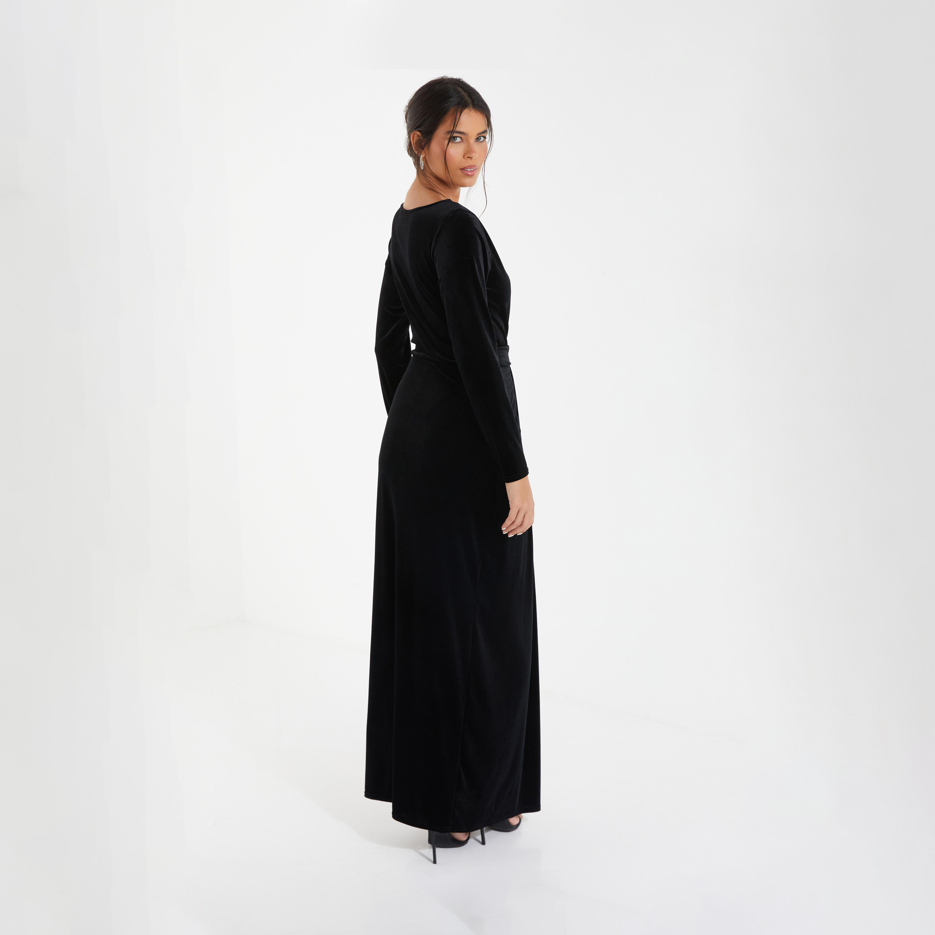 Quiz Black Velvet Buckle Detail Long Sleeve Maxi Evening Dress-women-clothing-dresses-image-2