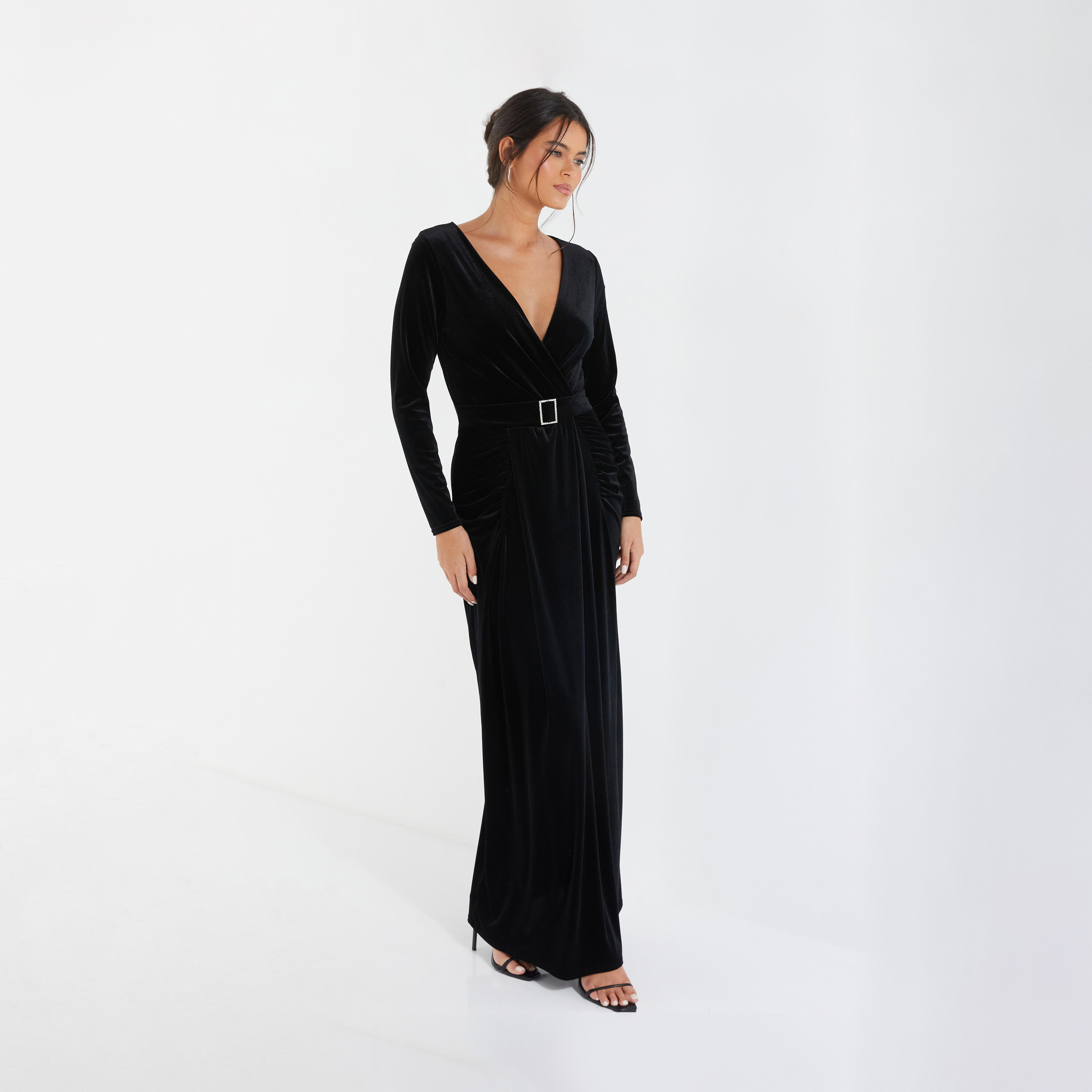 Quiz Black Velvet Buckle Detail Long Sleeve Maxi Evening Dress-women-clothing-dresses-image-3