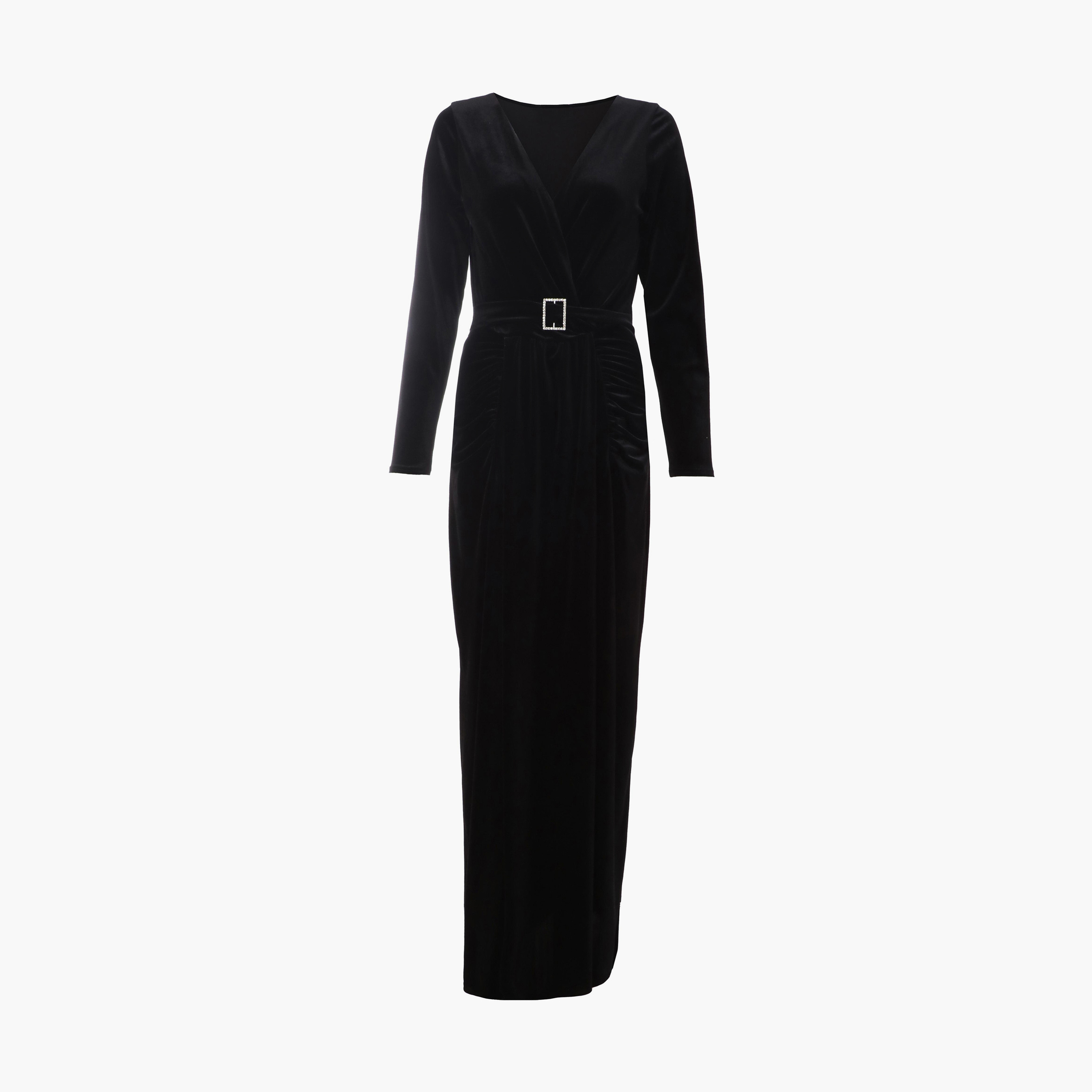 Quiz Black Velvet Buckle Detail Long Sleeve Maxi Evening Dress-women-clothing-dresses-image-5