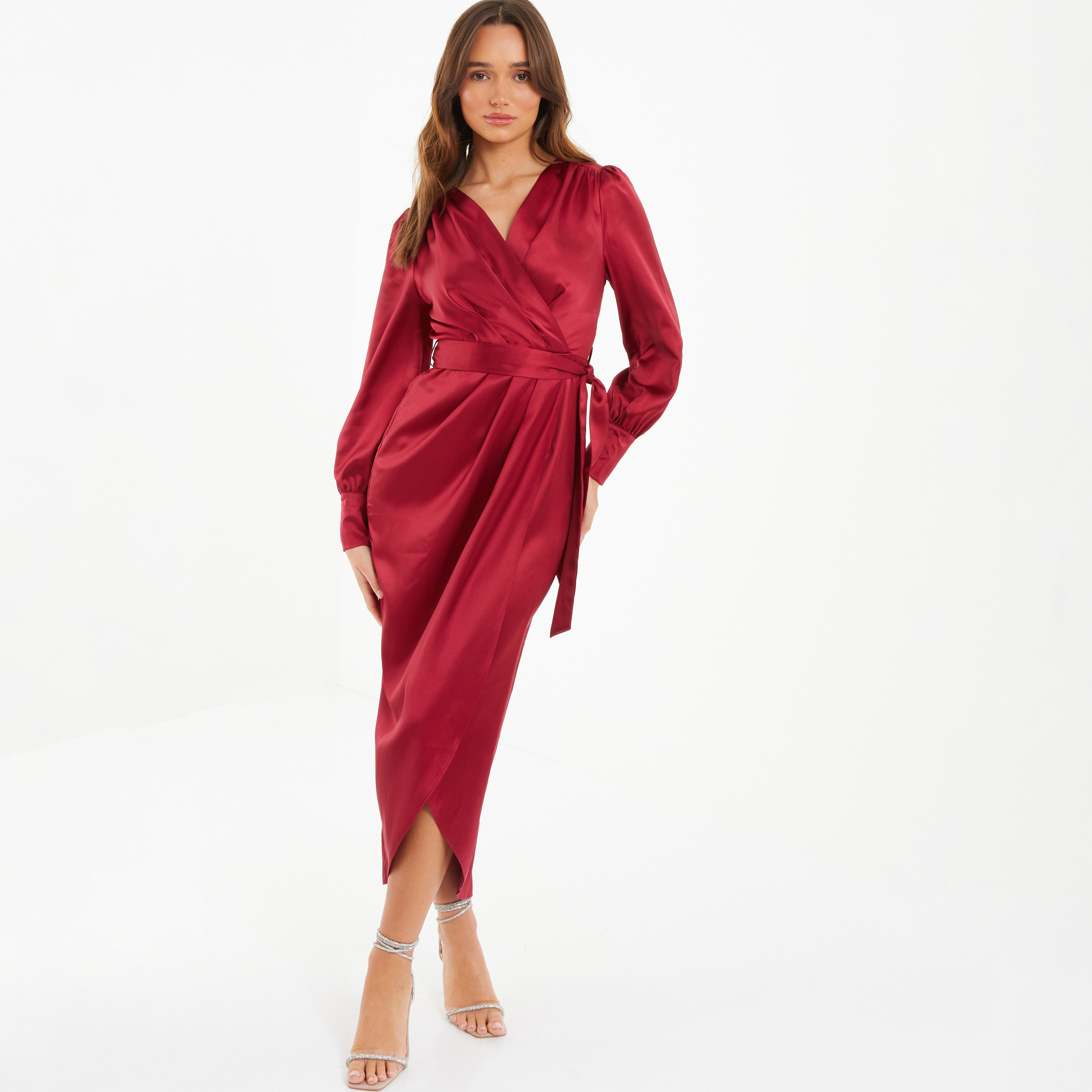 Quiz Satin Plain V-Neck Wrap Midi Dress-women-clothing-dresses-image-1