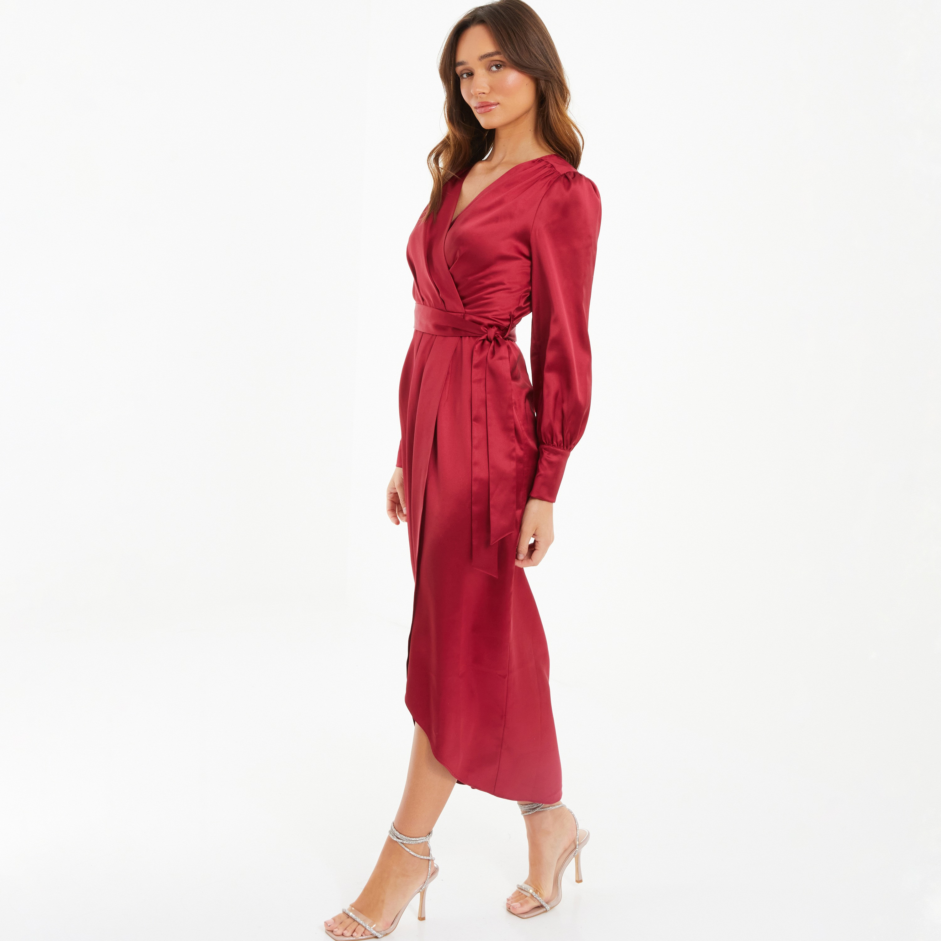 فستان ميدي ملفوف برقبة على شكل فى‎‎ سادة من كويز ساتان-women-clothing-dresses-image-2