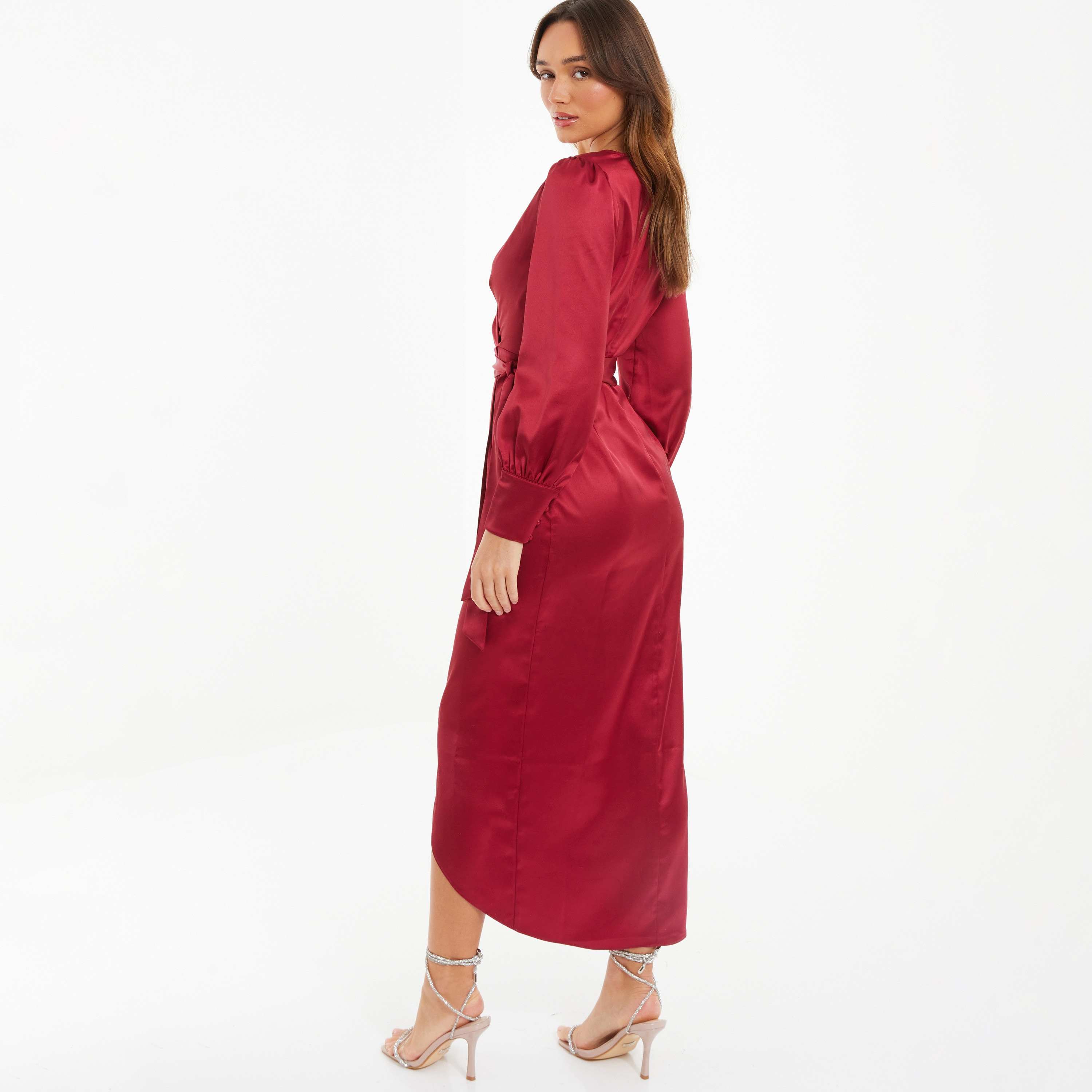 فستان ميدي ملفوف برقبة على شكل فى‎‎ سادة من كويز ساتان-women-clothing-dresses-image-4