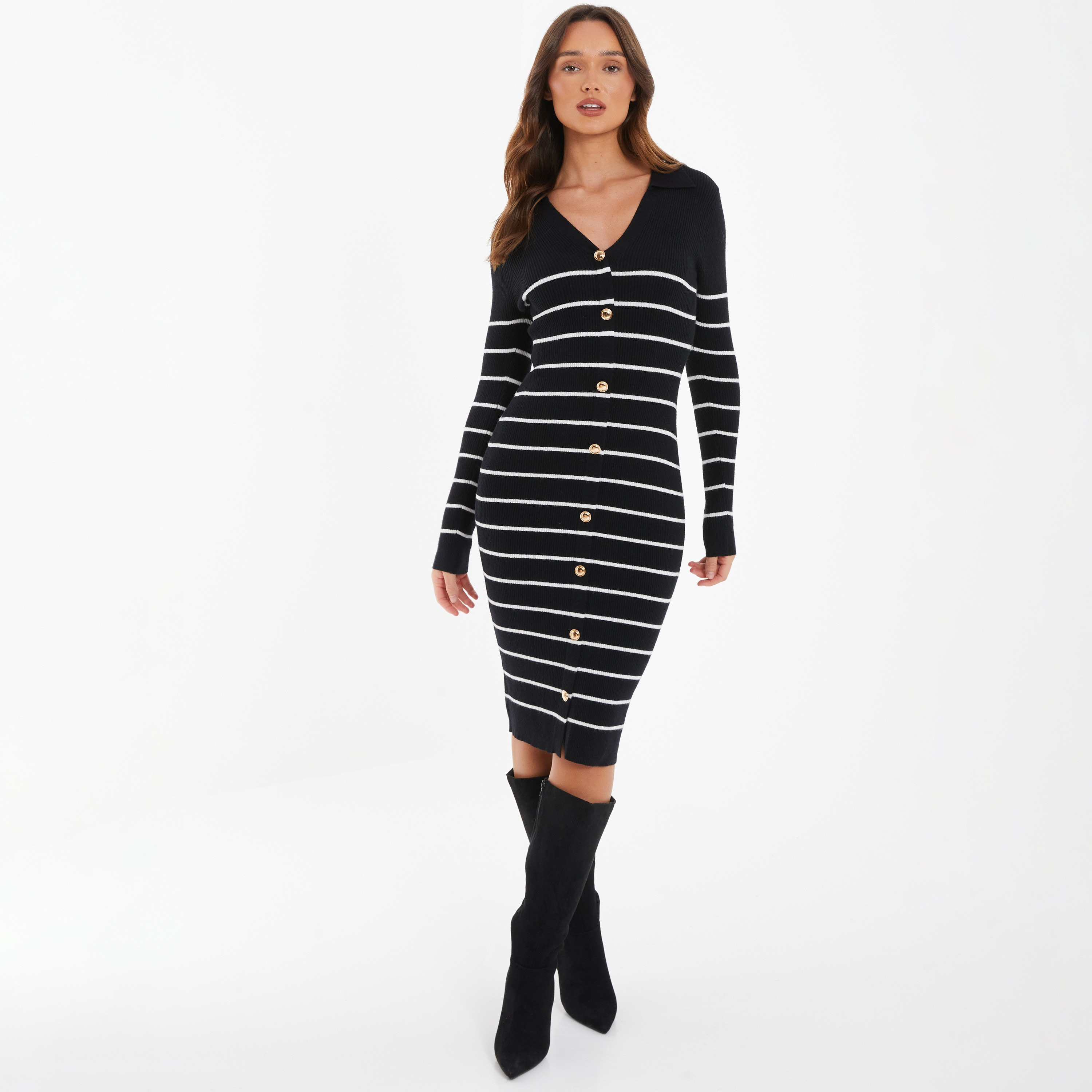 فستان جامبر ميدي بوديكون بياقة قميص مخطط من كويز-women-clothing-dresses-image-1
