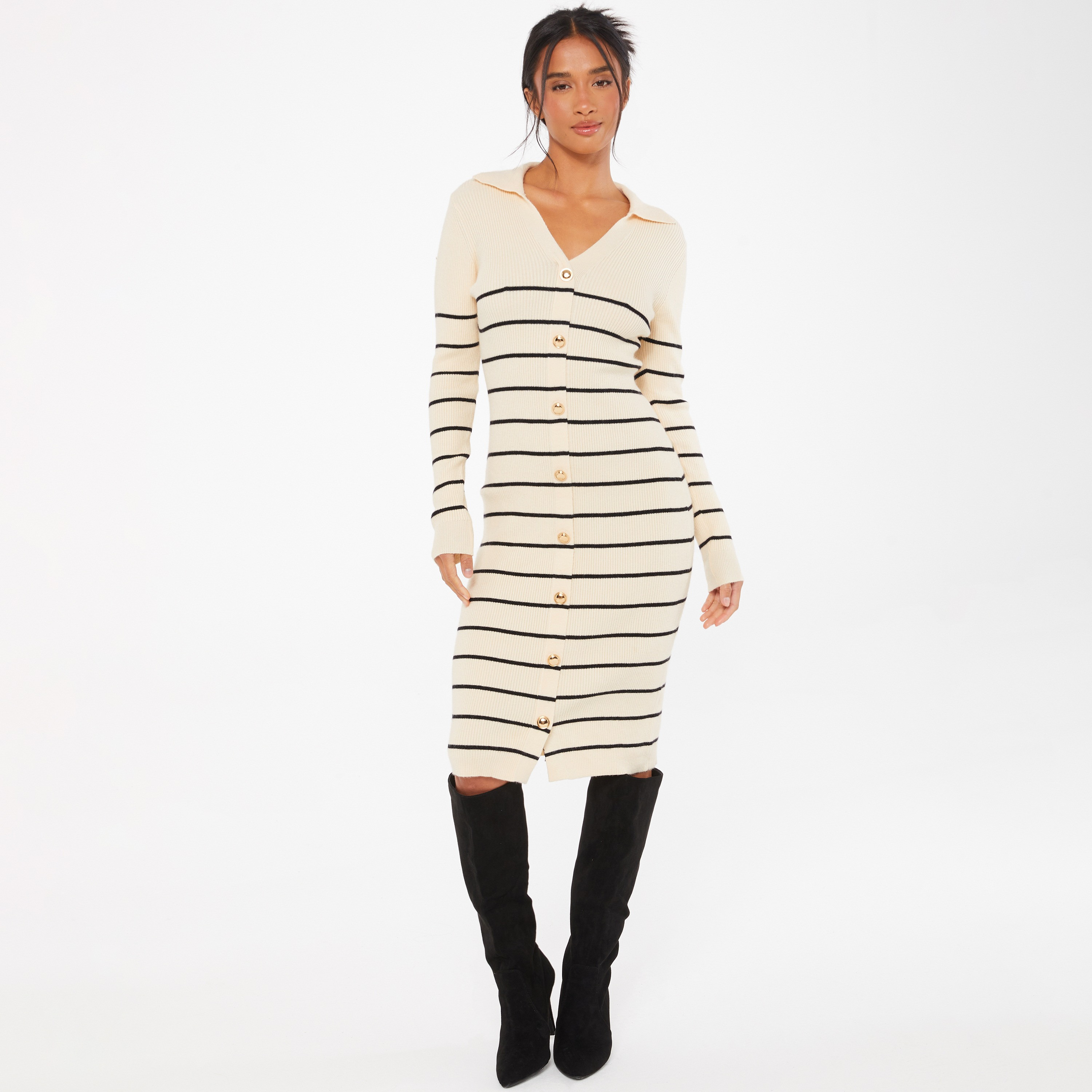 Quiz Striped Shirt Collar Bodycon Midi Jumper Dress-women-clothing-dresses-image-1