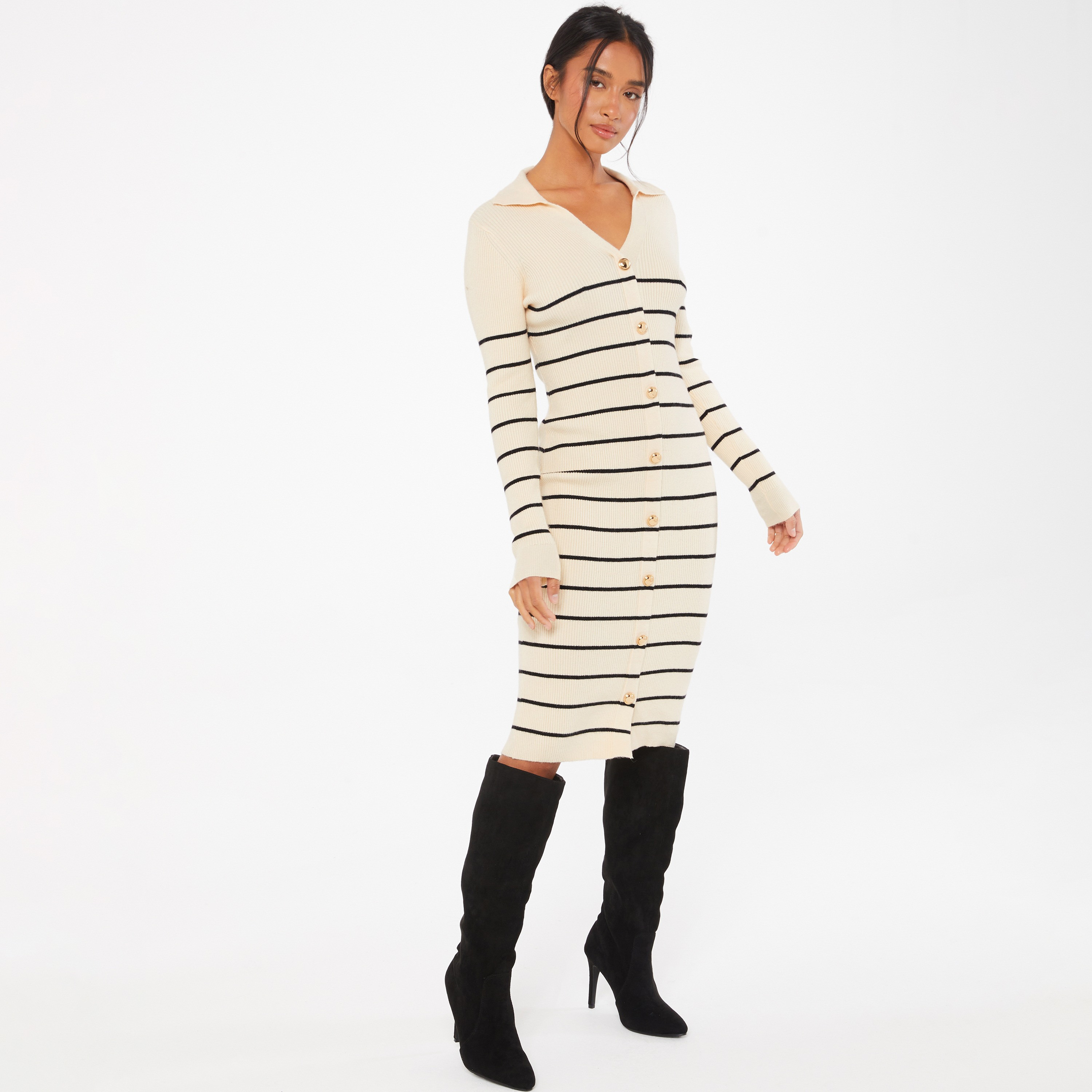 فستان جامبر ميدي بوديكون بياقة قميص مخطط من كويز-women-clothing-dresses-image-2