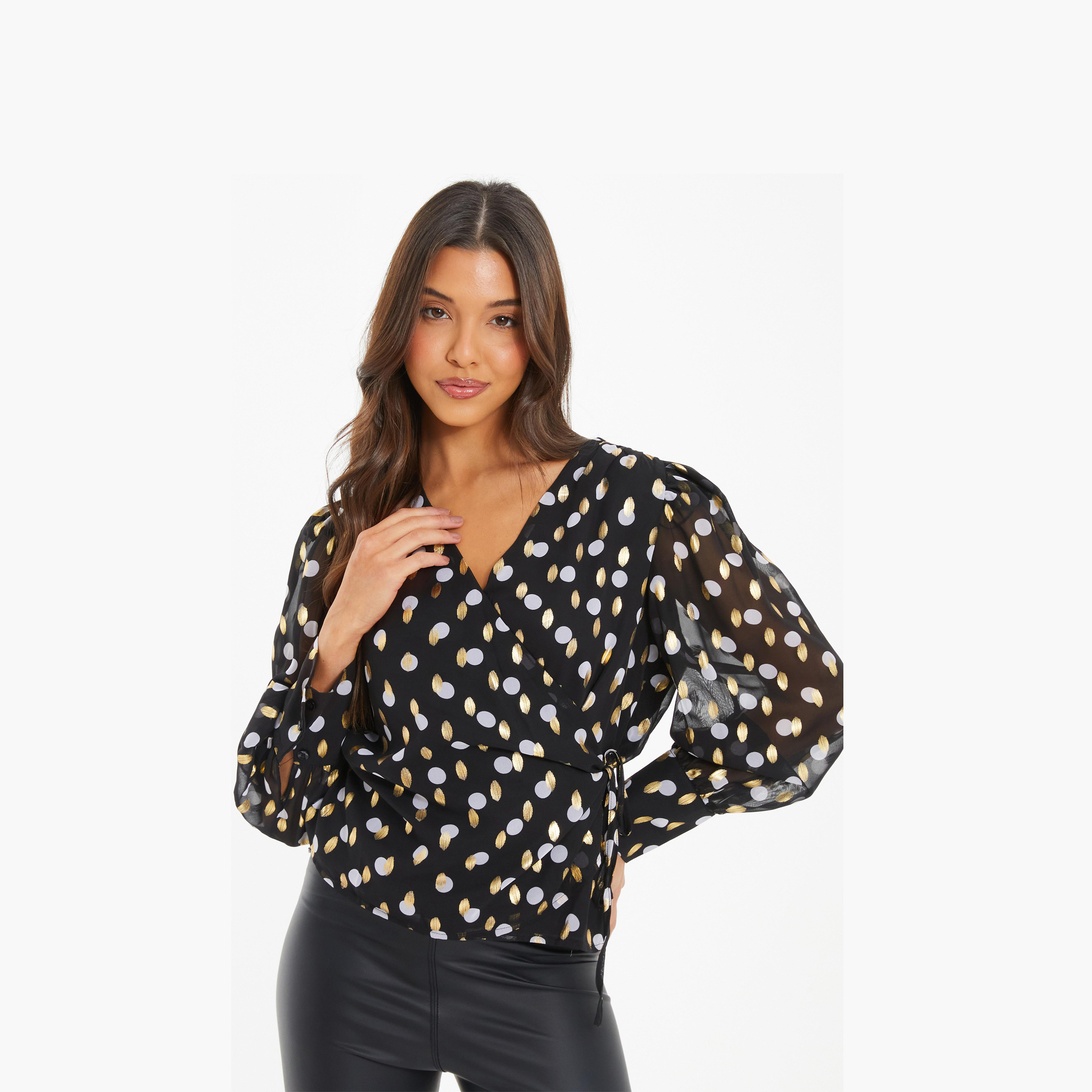 Quiz Black Chiffon Gold Spot Wrap Top-women-clothing-shirtsandblouses-shirts-image-1