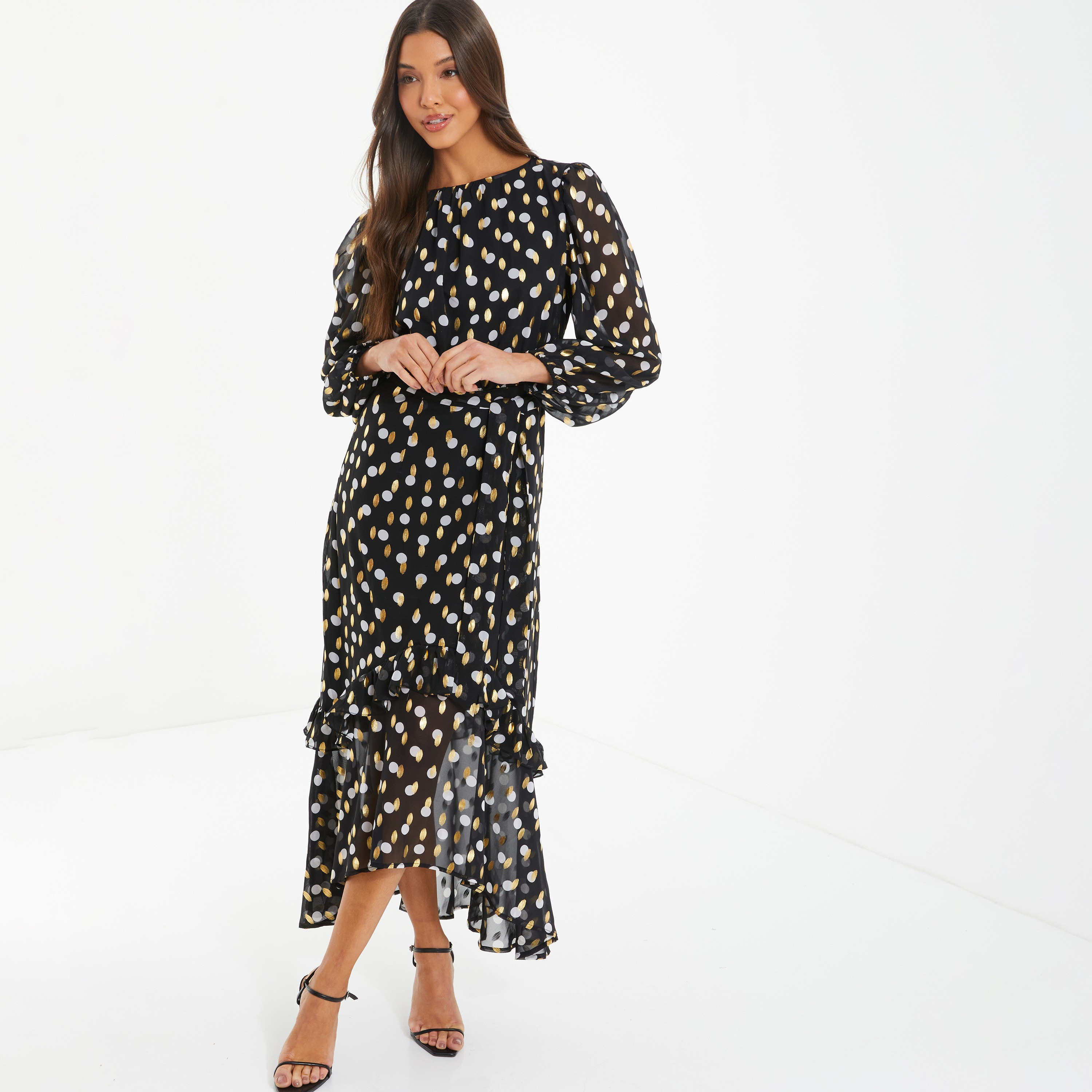 فستان ماكسي بياقة مستديرة ذو بولكا دوت من كويز-women-clothing-dresses-image-1