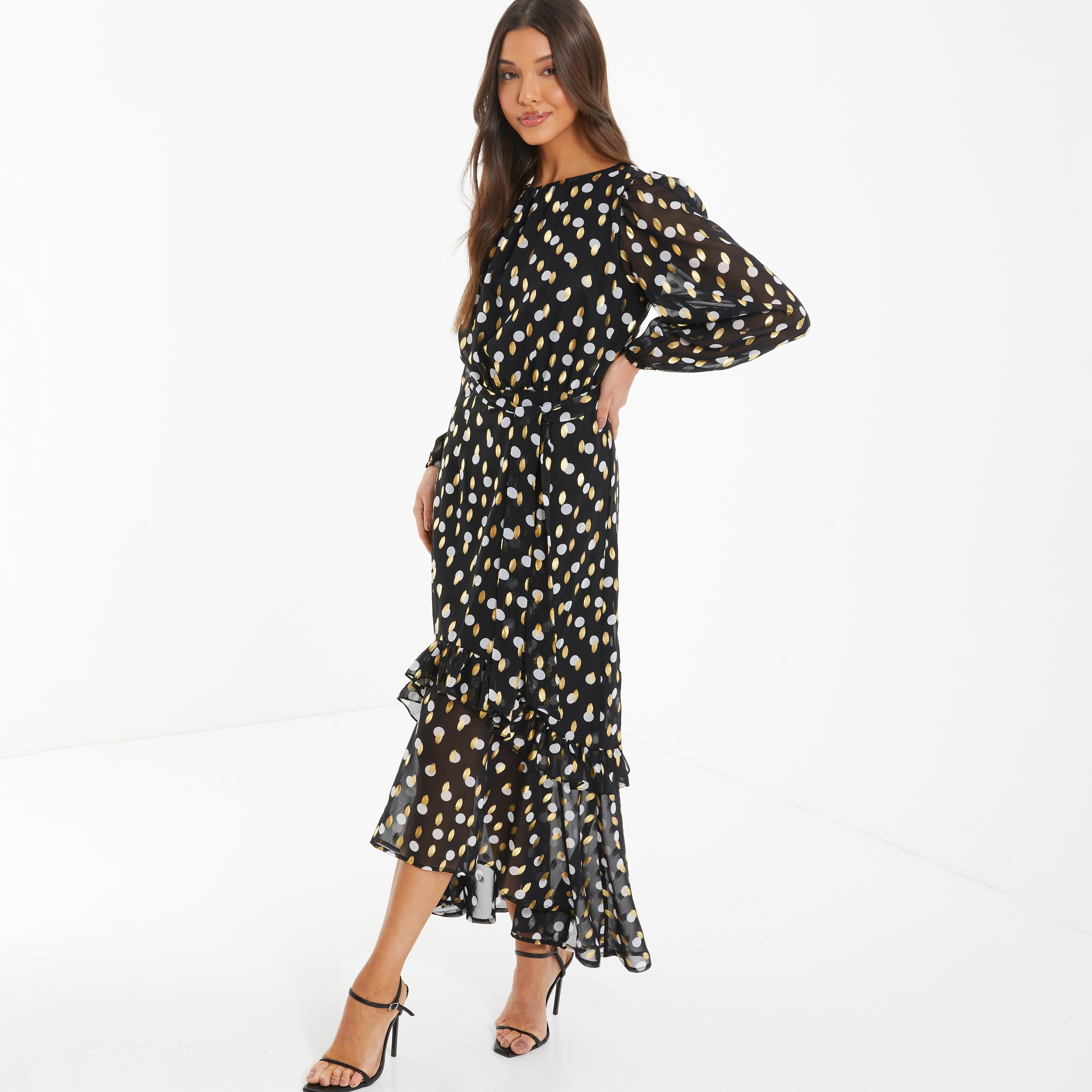 فستان ماكسي بياقة مستديرة ذو بولكا دوت من كويز-women-clothing-dresses-image-2