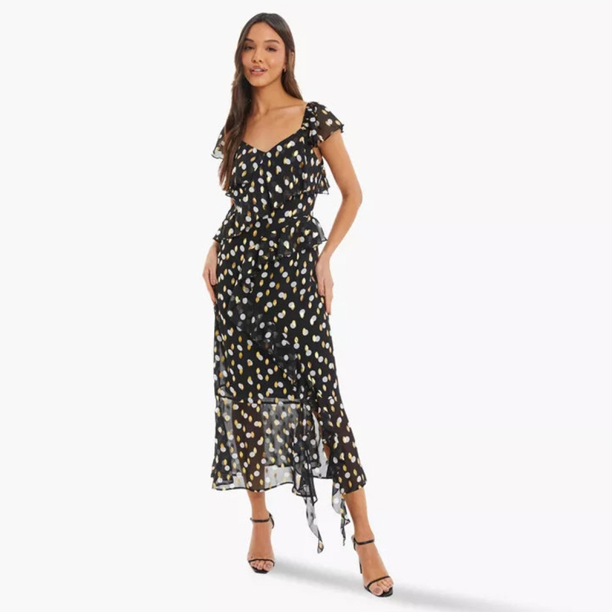 كويز-  فستان سهرة شيفون منقط باللون الأسود/الذهبي/الأبيض-women-clothing-dresses-image-1