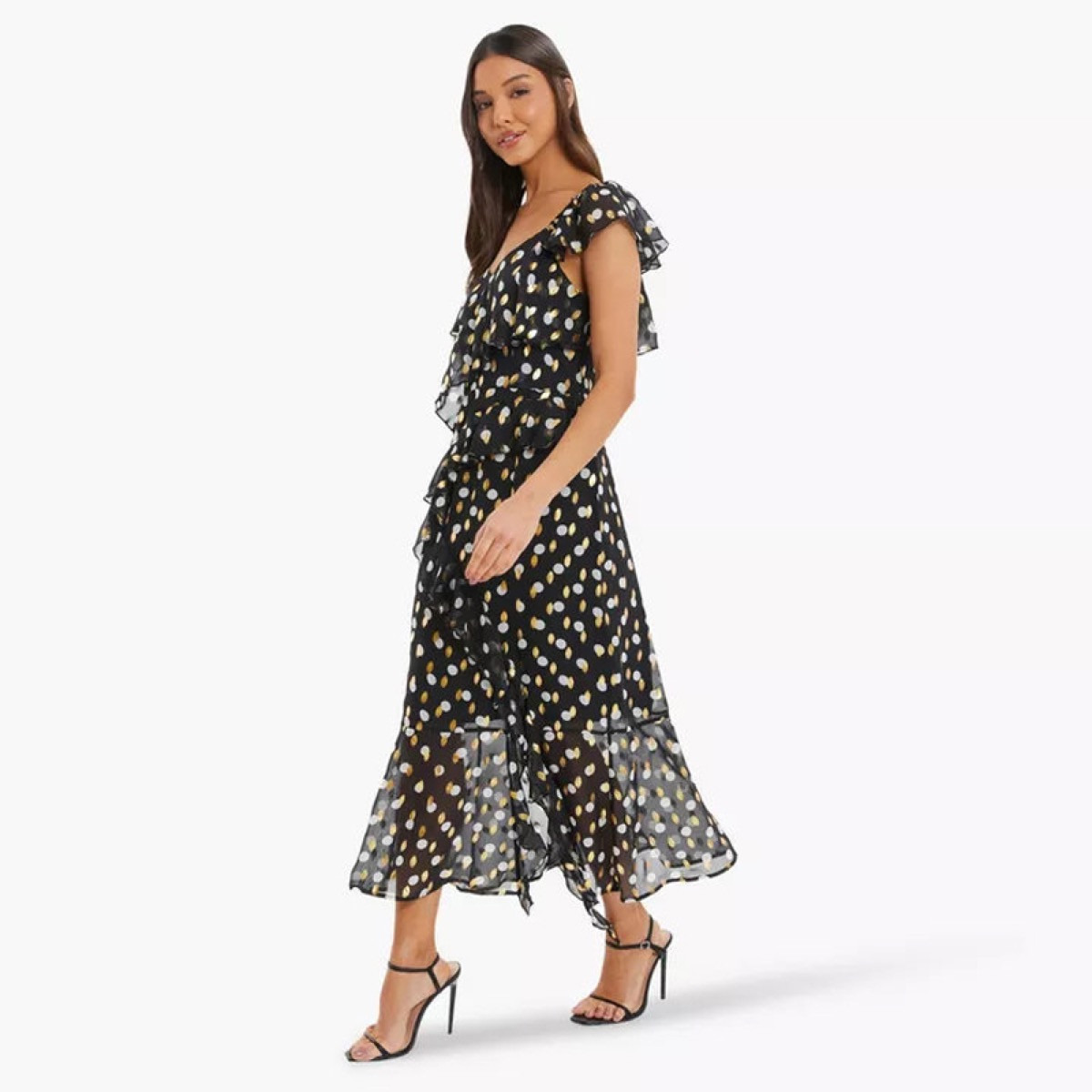 كويز-  فستان سهرة شيفون منقط باللون الأسود/الذهبي/الأبيض-women-clothing-dresses-image-2