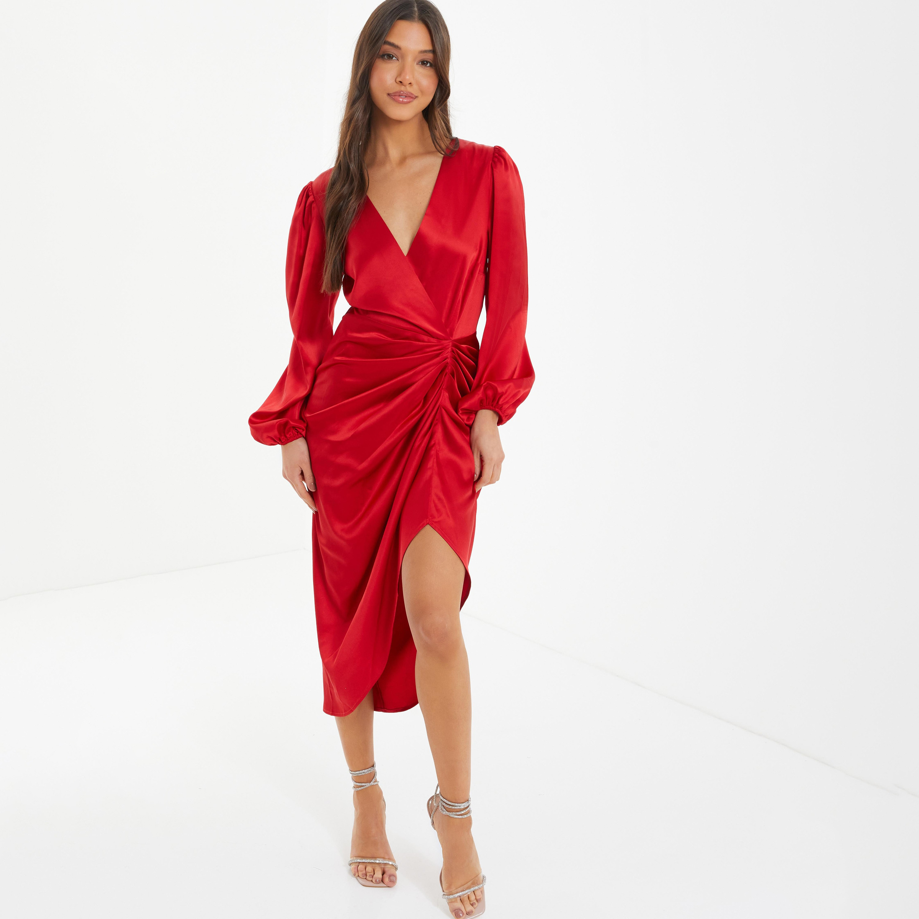 فستان ميدي ملفوف برقبة ديتيل بلونج مع كشكش من كويز ساتان-women-clothing-dresses-image-1