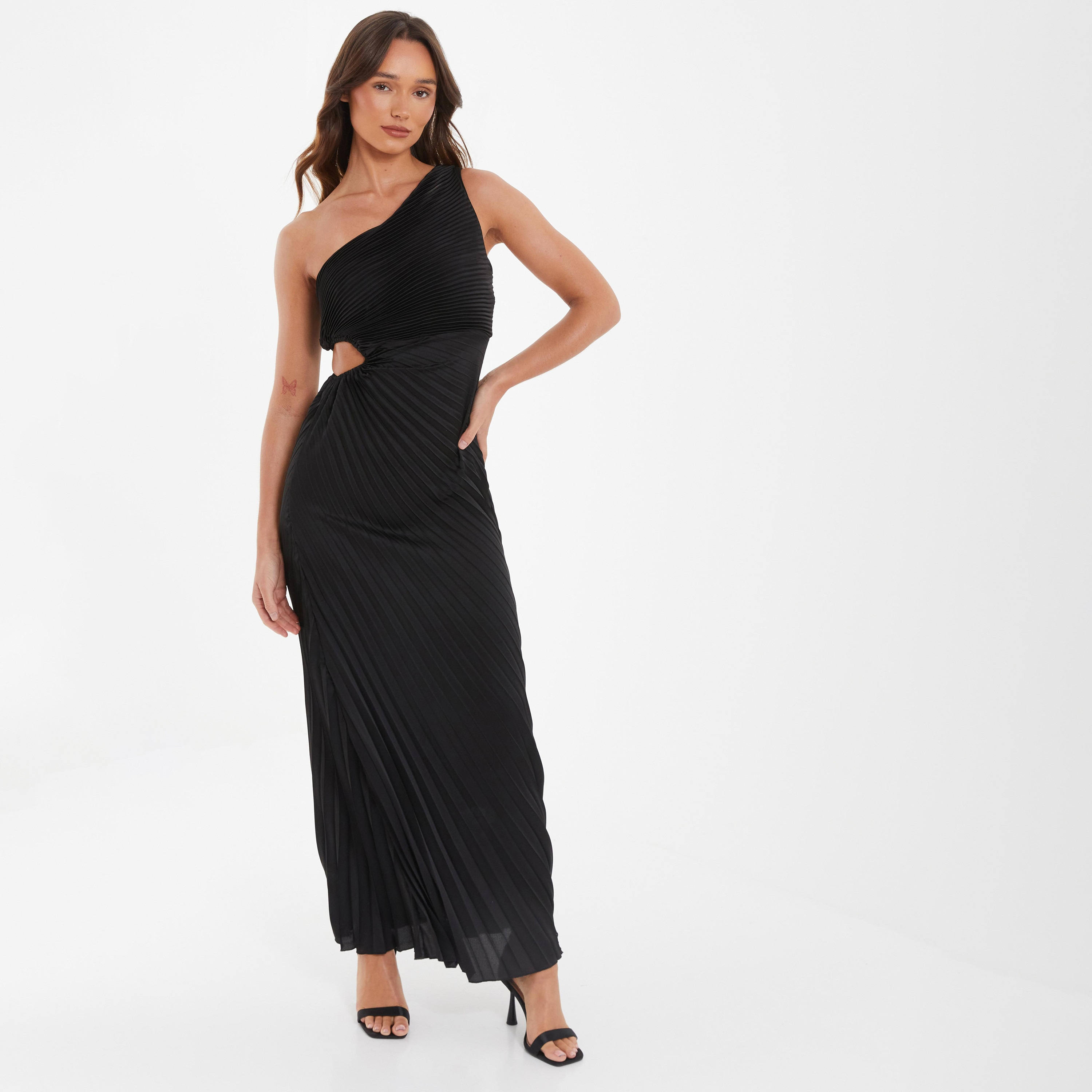 فستان ماكسي سادة بطيات مع كتف واحد من كويز ساتان-women-clothing-dresses-image-1