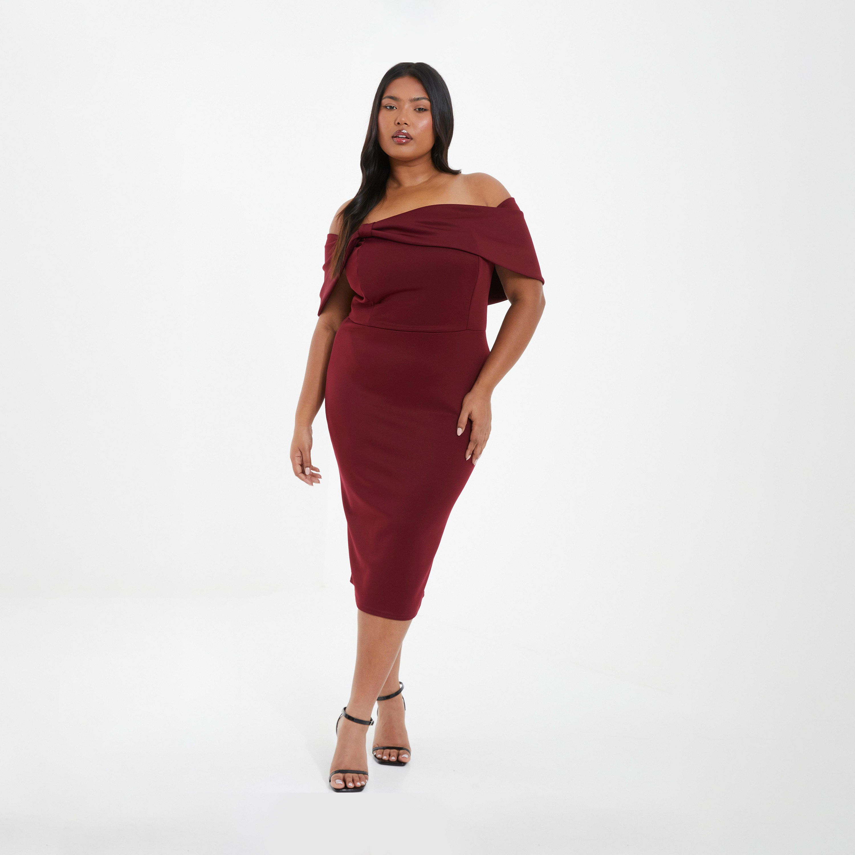 Quiz Curve Berry Bow Detail Bardot Midi Dress-women-clothing-dresses-image-1