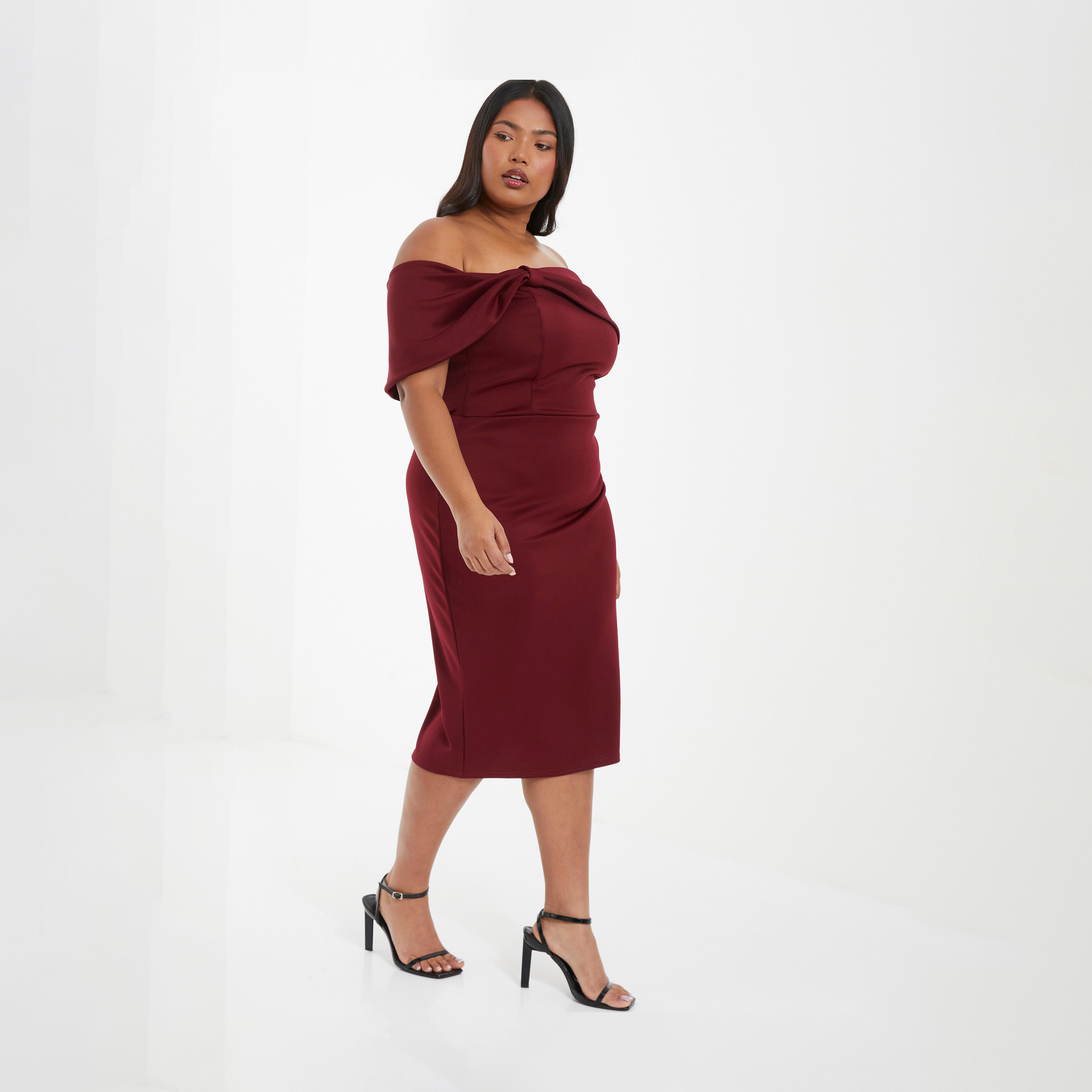 كويز-  فستان ميدي مكشوف الكتفين بفيونكة توتية منحنية-women-clothing-dresses-image-3