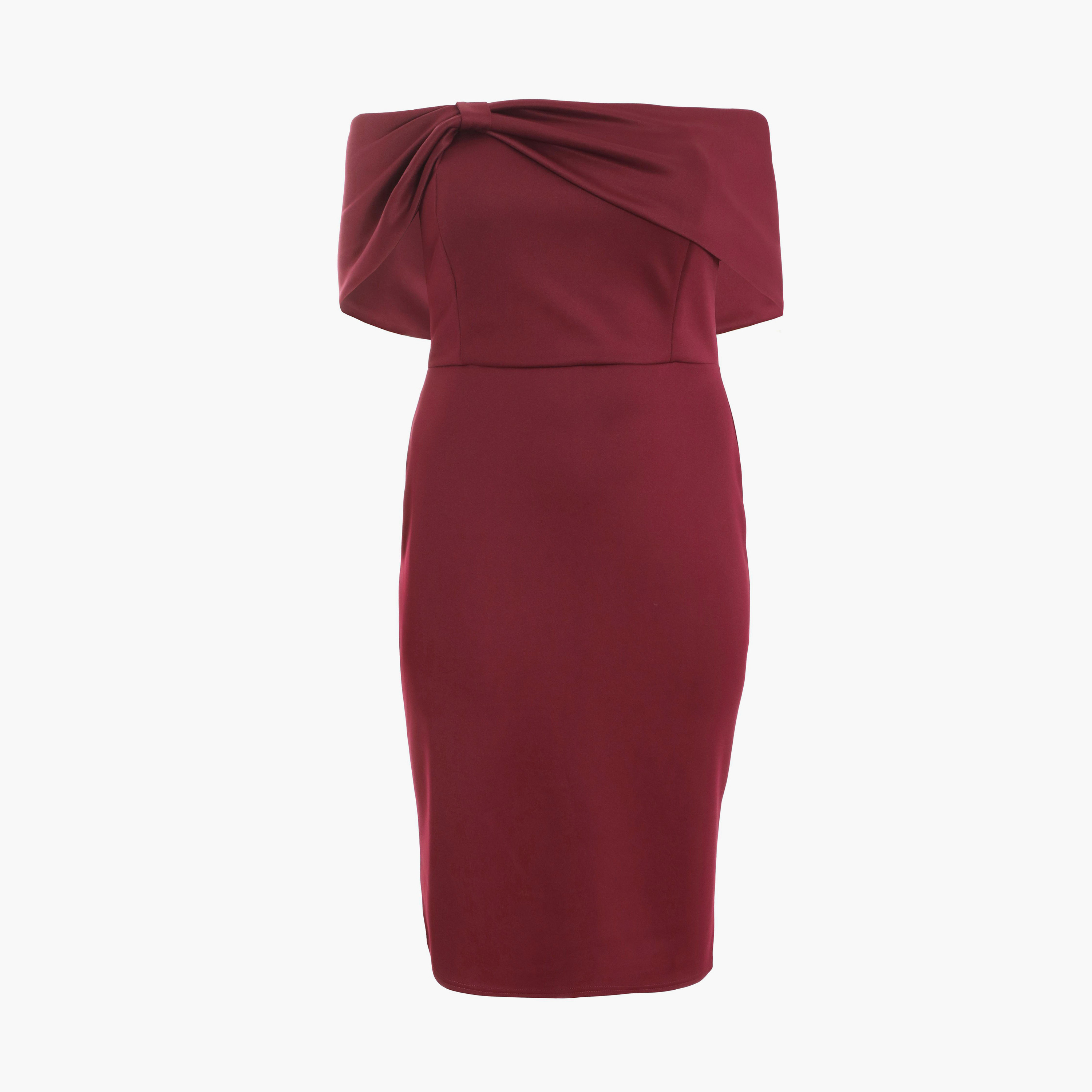 كويز-  فستان ميدي مكشوف الكتفين بفيونكة توتية منحنية-women-clothing-dresses-image-5