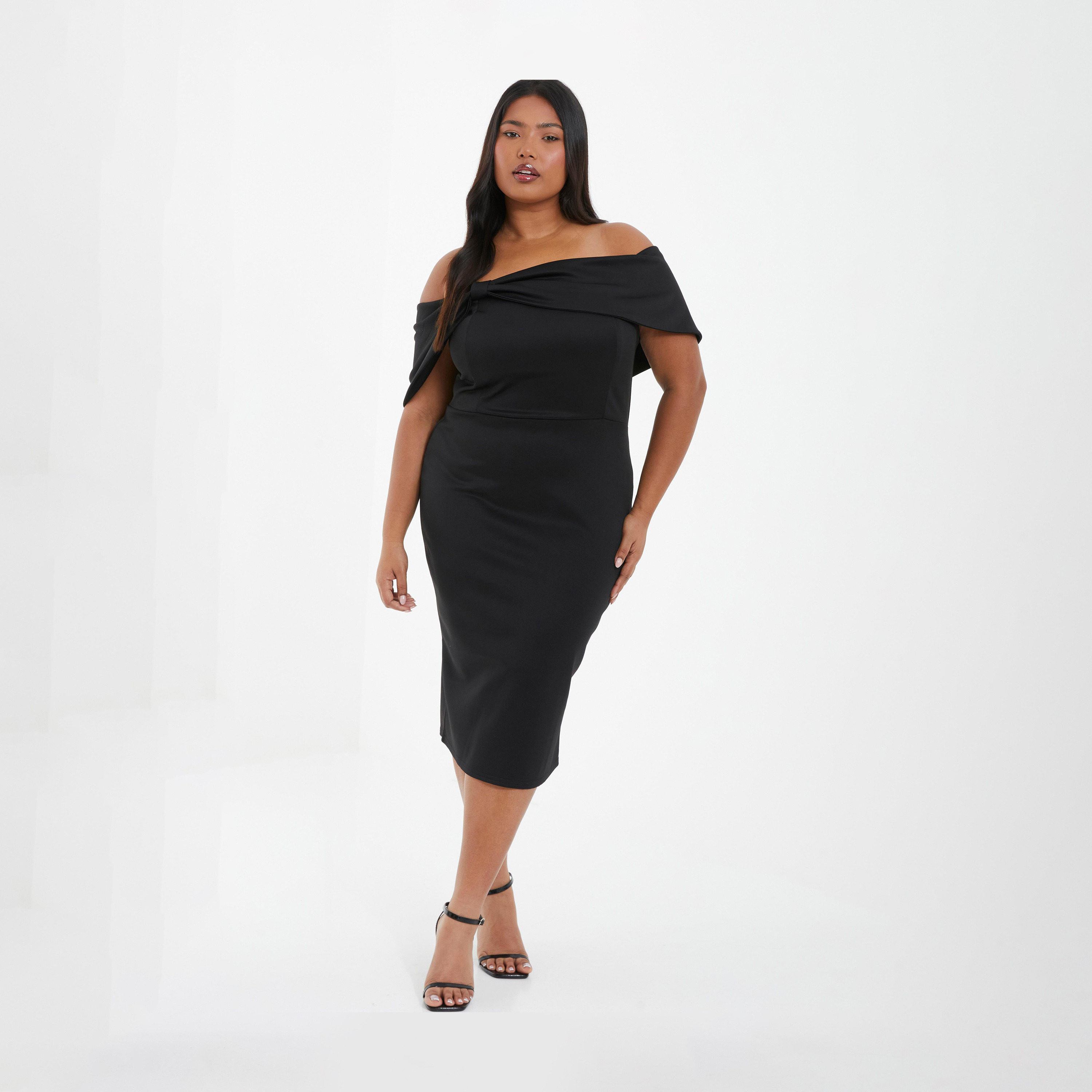 Quiz Curve Black Bow Detail Bardot Midi Evening Dress-women-clothing-dresses-image-1