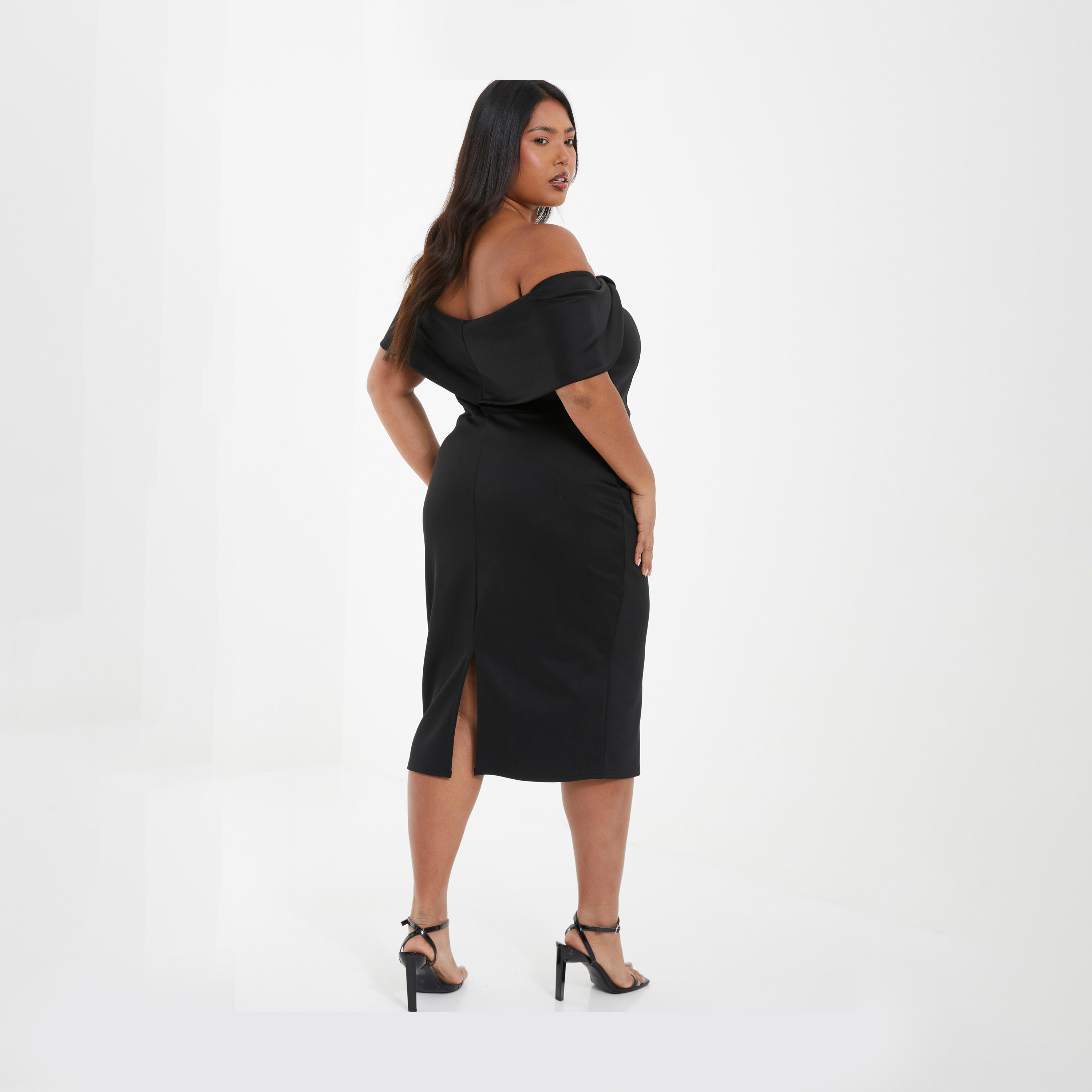 كويز-  فستان سهرة ميدي مكشوف الكتفين بفيونكة سوداء منحنية-women-clothing-dresses-image-2