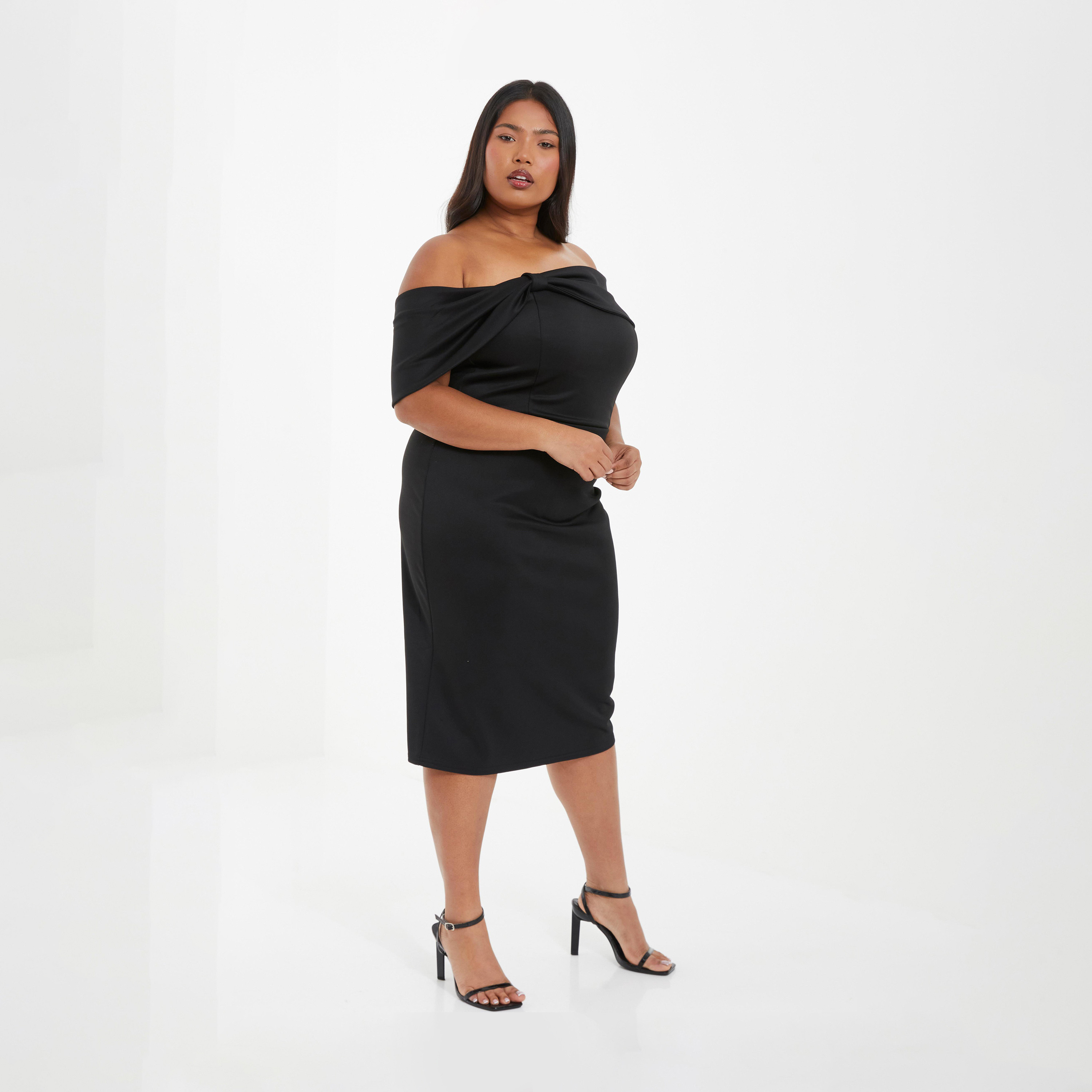 كويز-  فستان سهرة ميدي مكشوف الكتفين بفيونكة سوداء منحنية-women-clothing-dresses-image-3