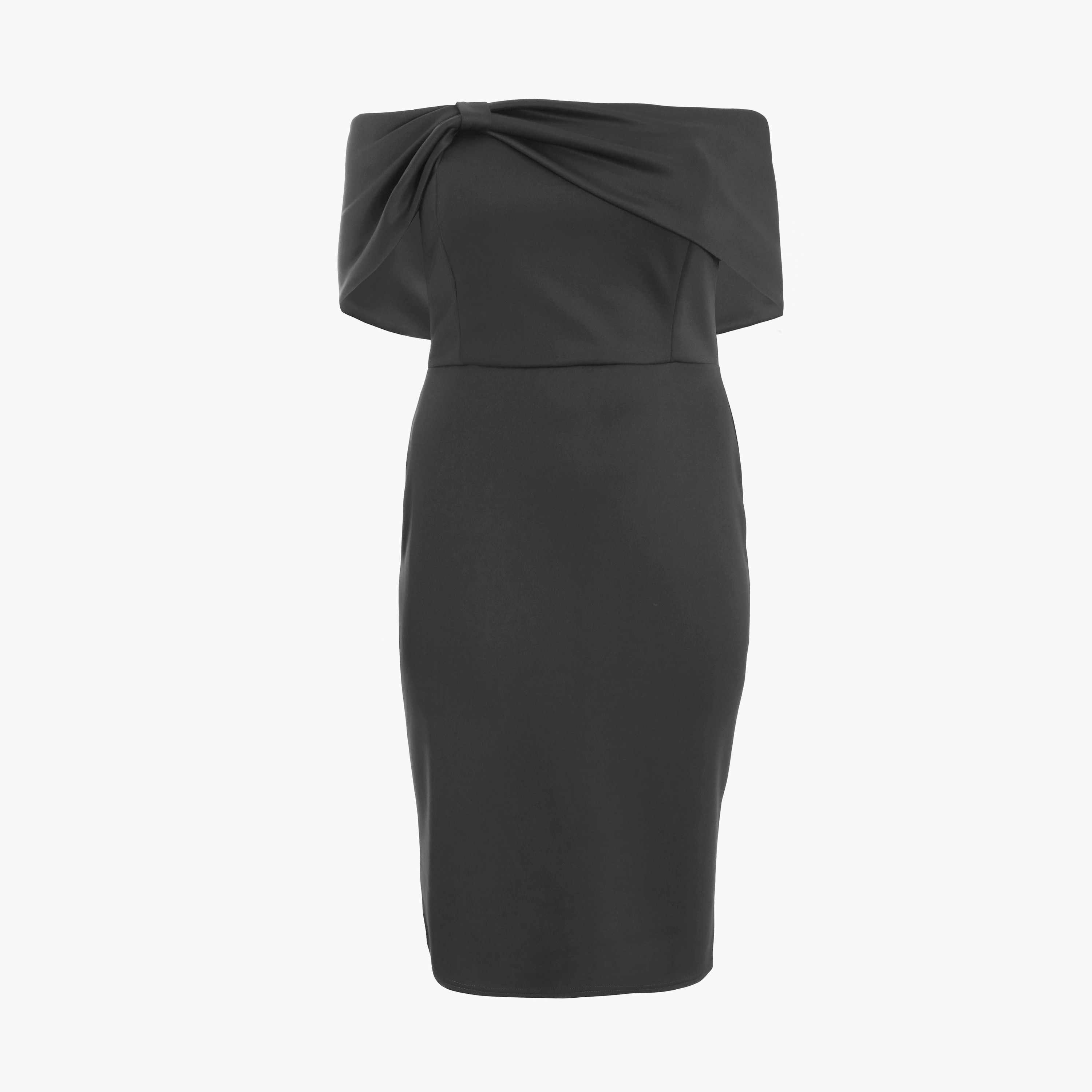 كويز-  فستان سهرة ميدي مكشوف الكتفين بفيونكة سوداء منحنية-women-clothing-dresses-image-5
