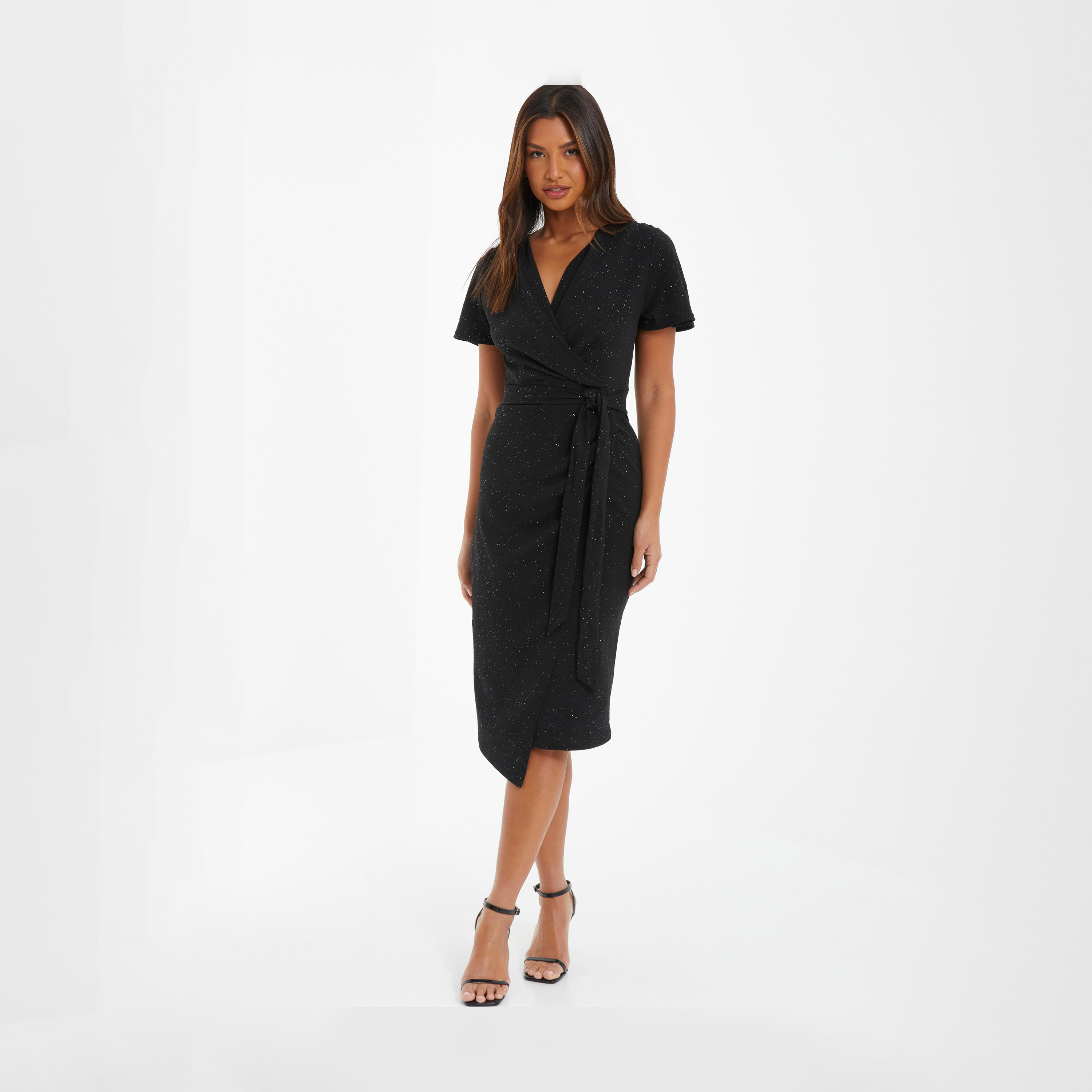 Quiz Black Glitter Angel Sleeve Midi Wrap Evening Dress-women-clothing-dresses-image-1