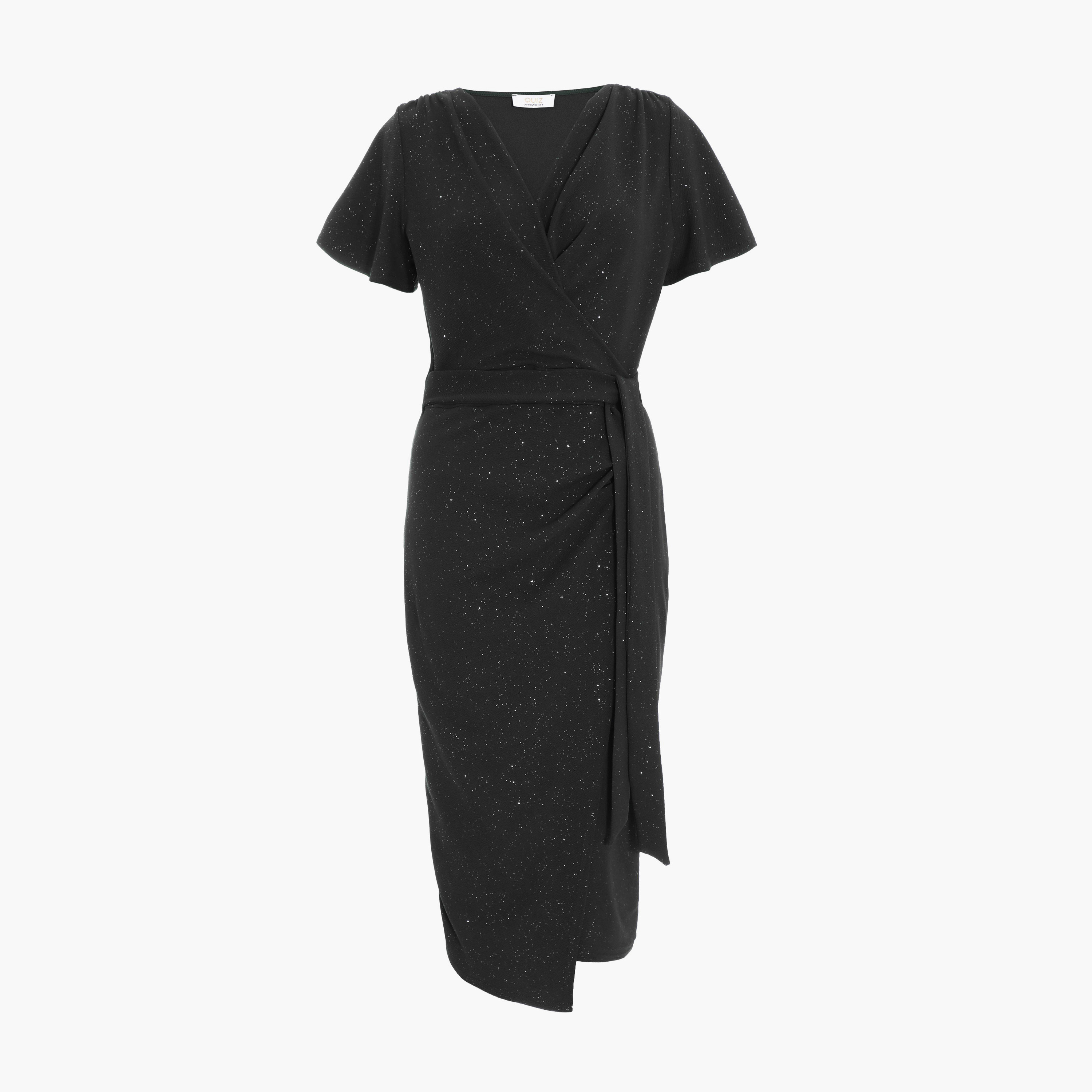 كويز-  فستان سهرة ميدي ملفوف بأكمام ملائكية باللون الأسود اللامع-women-clothing-dresses-image-5
