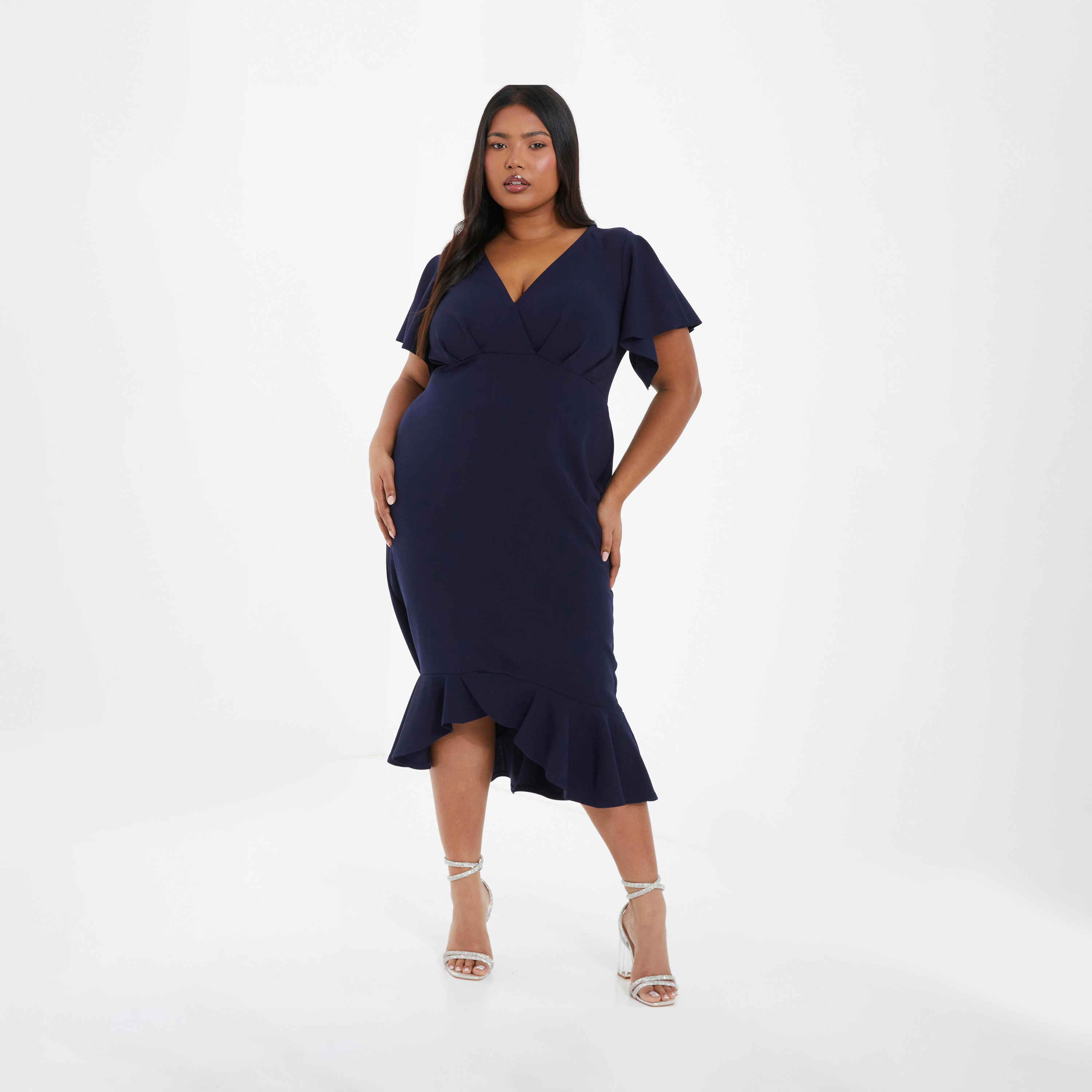 Quiz Curve Navy Scuba Crepe V-Neck Frill Hem Midi Dress-women-clothing-dresses-image-1