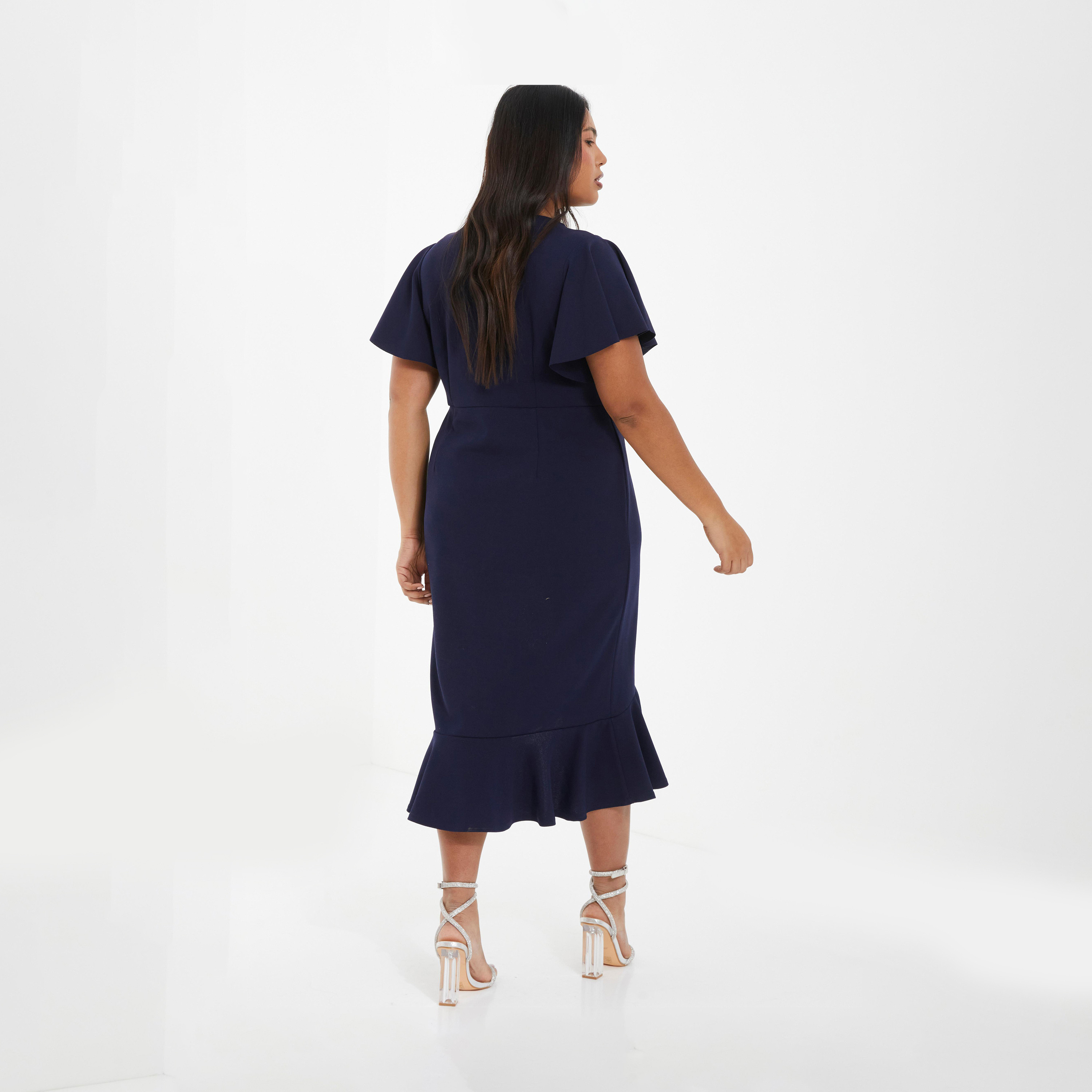 Quiz Curve Navy Scuba Crepe V-Neck Frill Hem Midi Dress-women-clothing-dresses-image-2