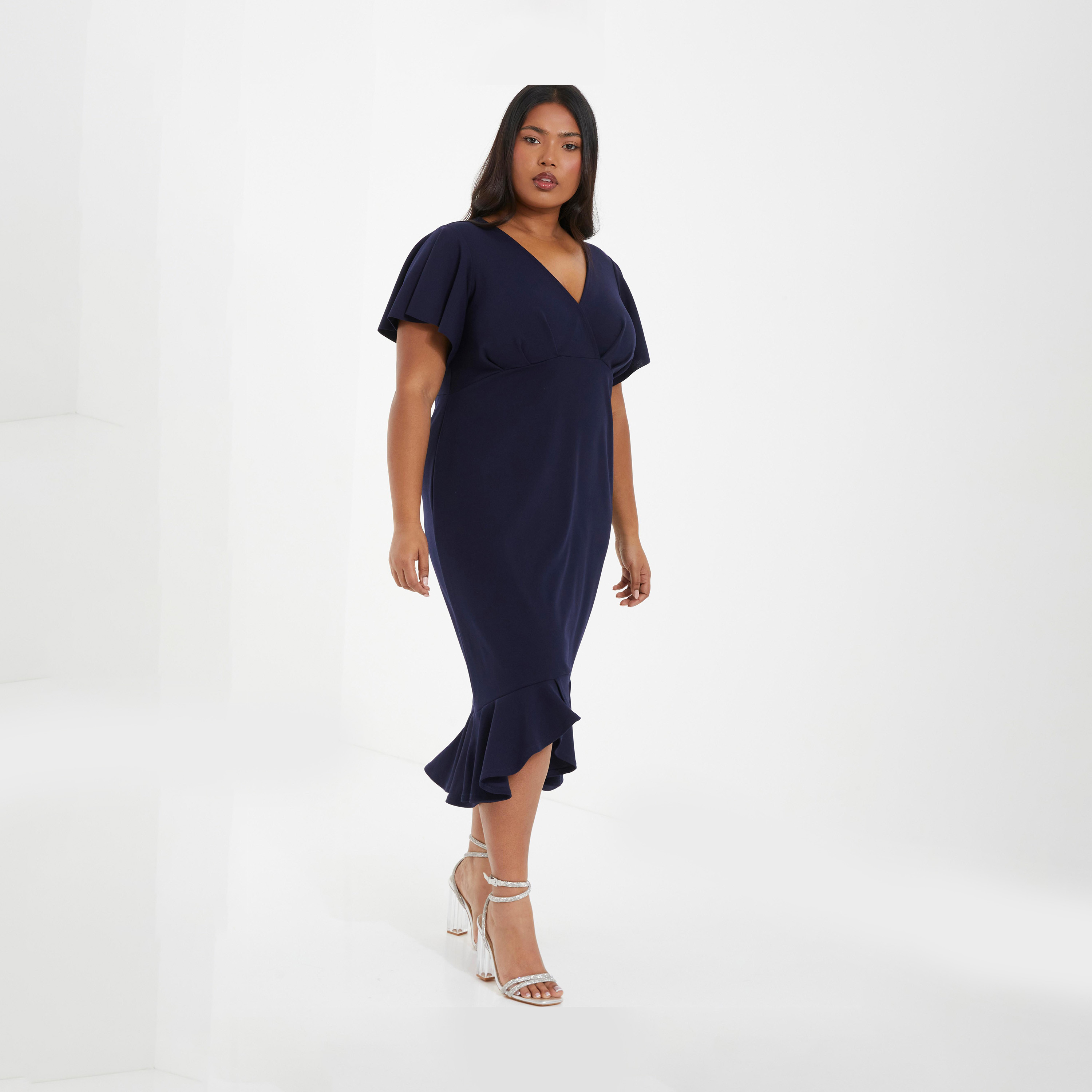 Quiz Curve Navy Scuba Crepe V-Neck Frill Hem Midi Dress-women-clothing-dresses-image-3