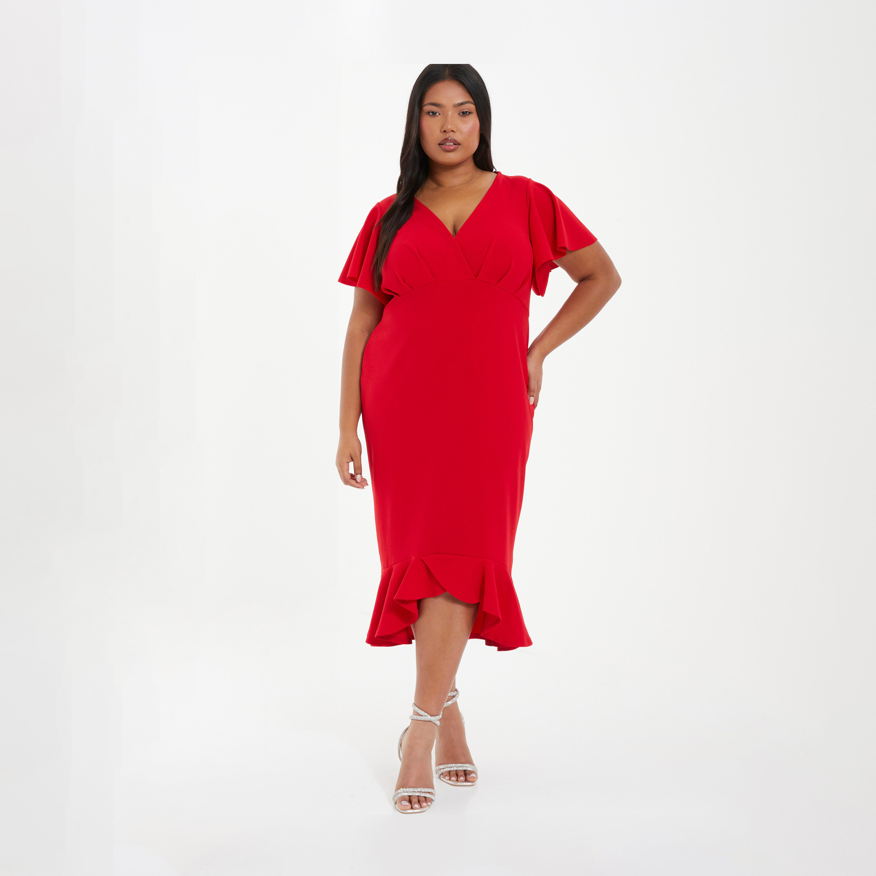 Quiz Curve Red Scuba Crepe V-Neck Frill Hem Midi Dress-women-clothing-dresses-image-1