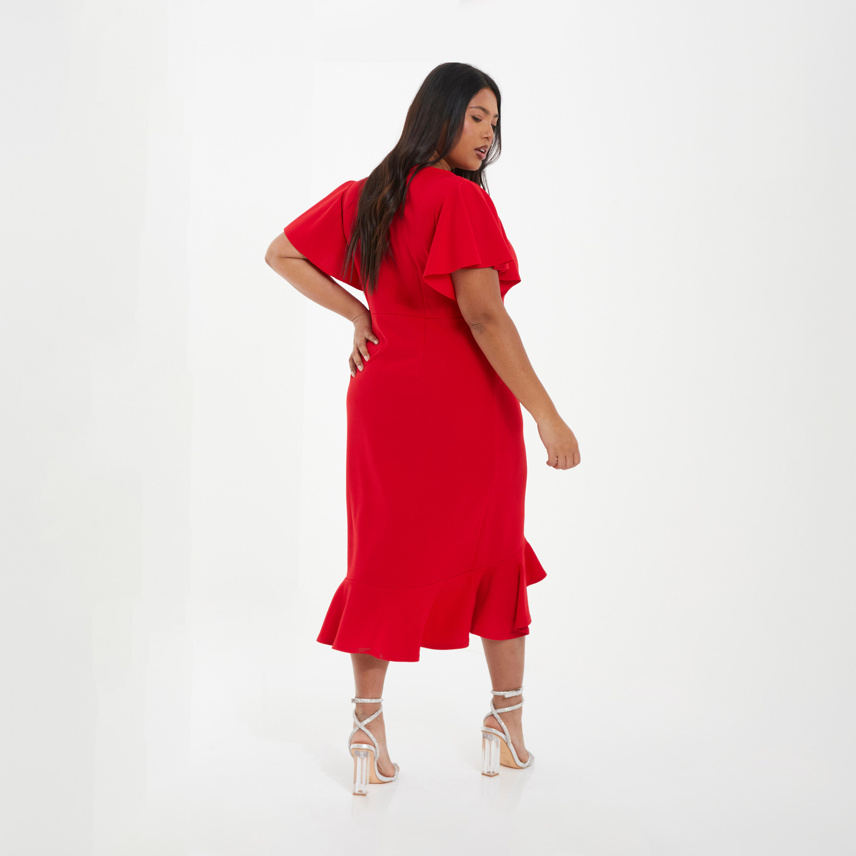 Quiz Curve Red Scuba Crepe V-Neck Frill Hem Midi Dress-women-clothing-dresses-image-2