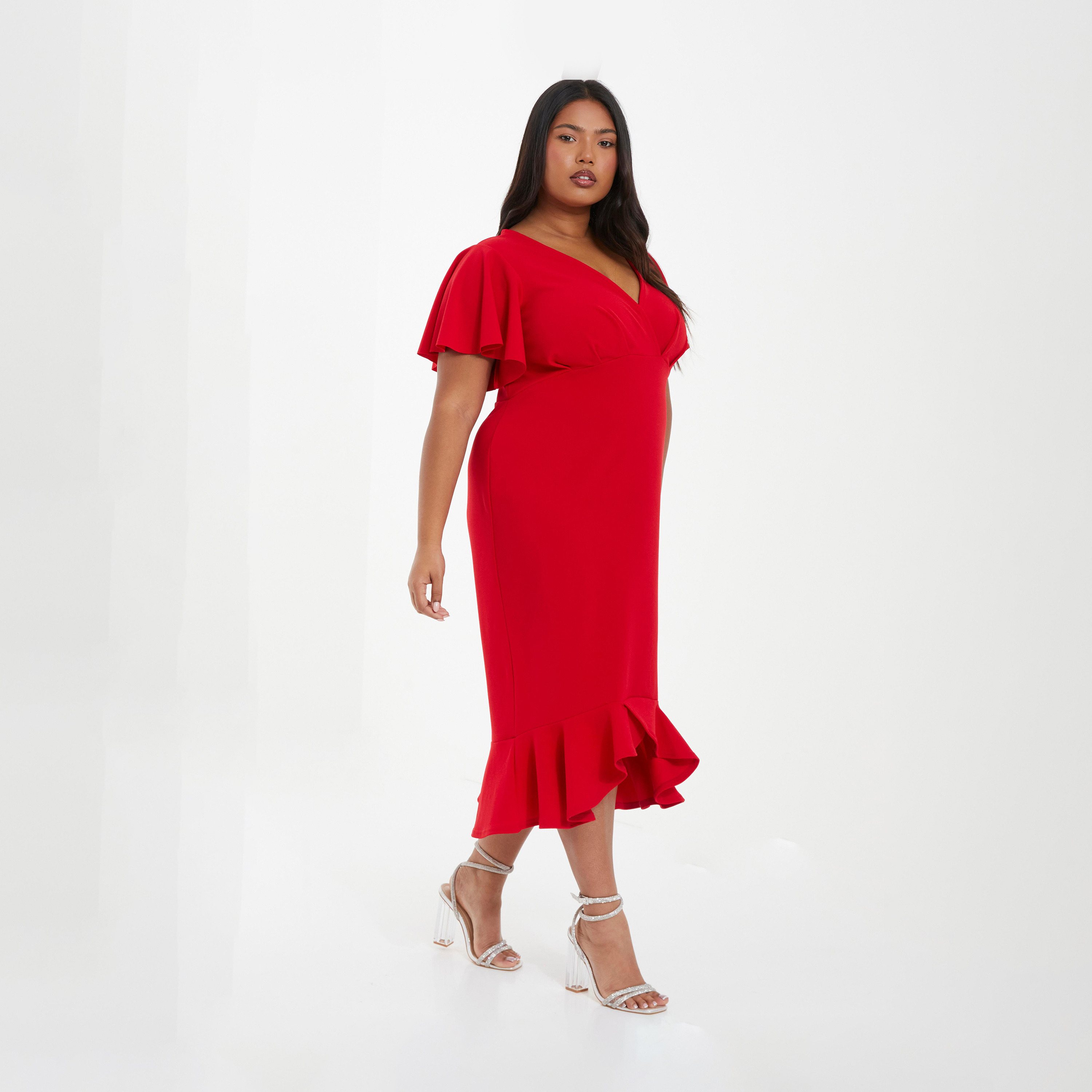 Quiz Curve Red Scuba Crepe V-Neck Frill Hem Midi Dress-women-clothing-dresses-image-3