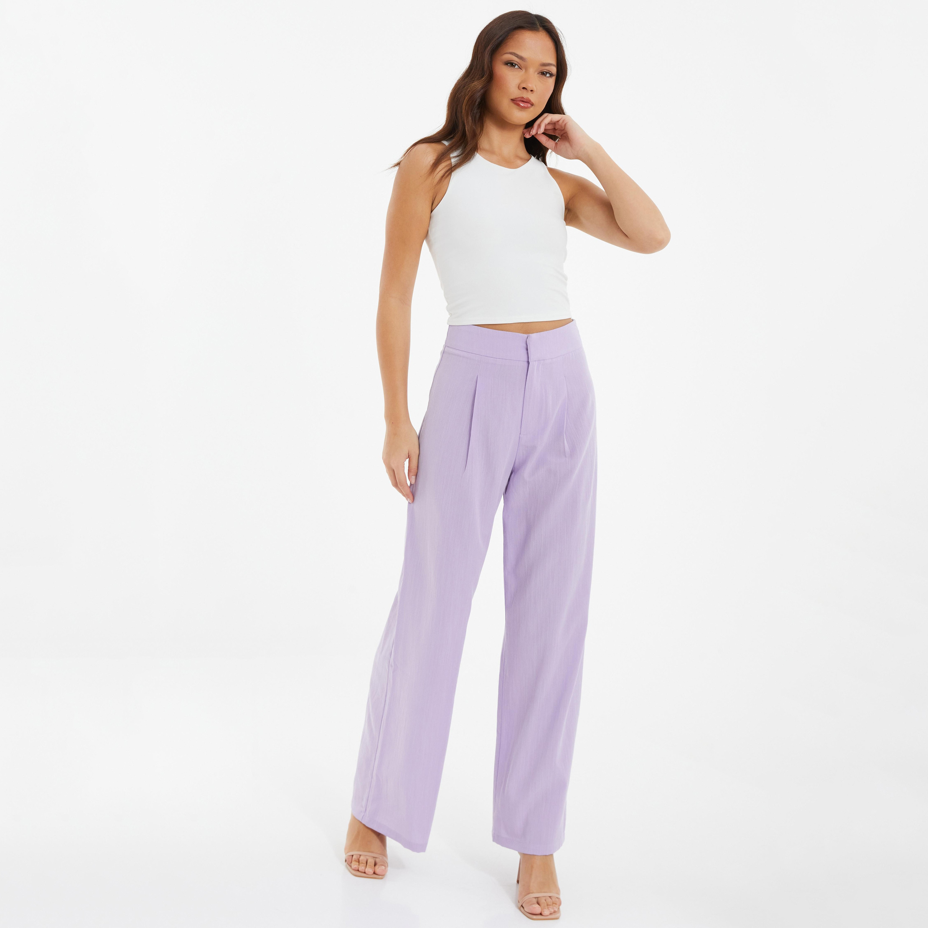 بنطال عادي بخصر عالٍ وطيات أمامية من كويز-women-clothing-bottoms-trousers-image-2