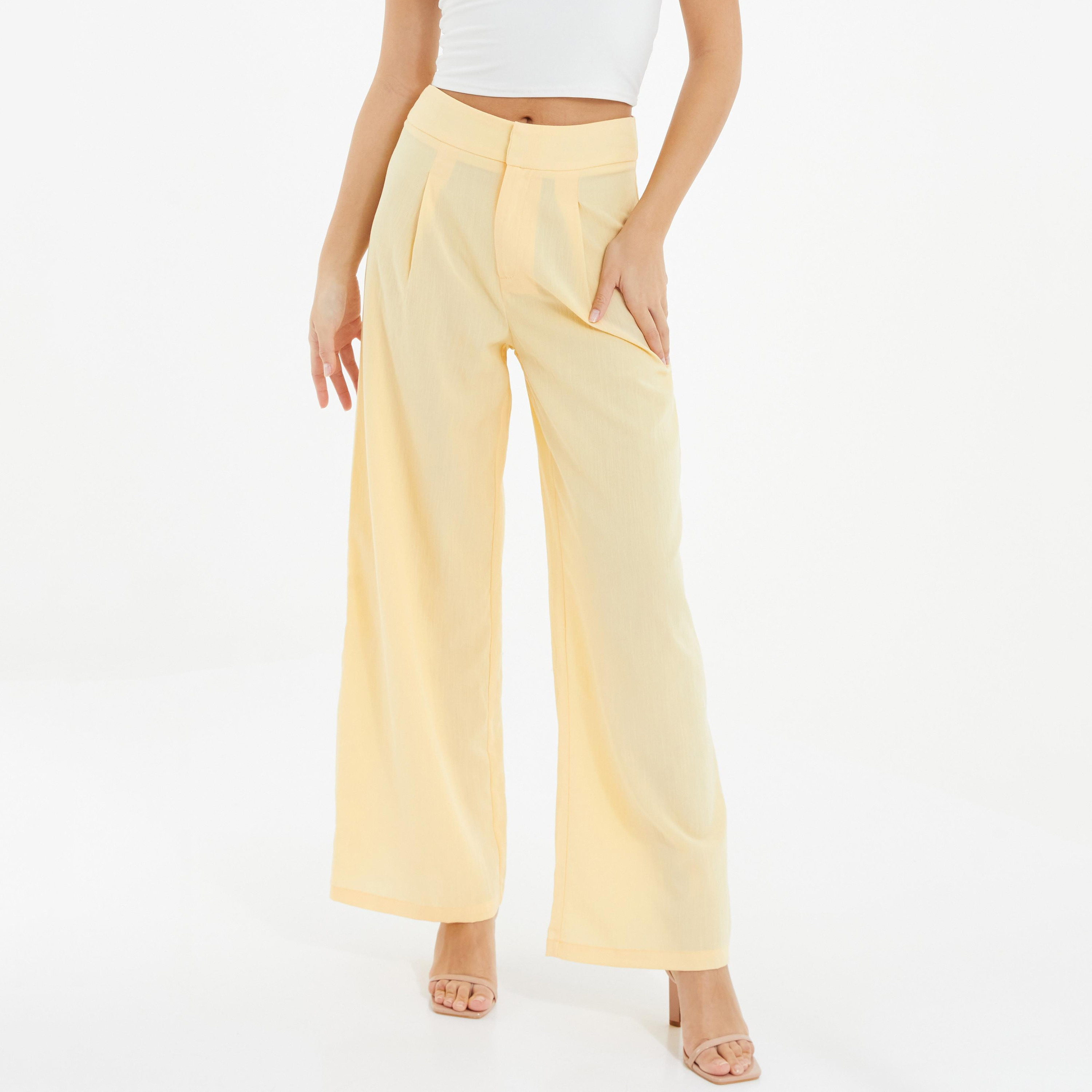 تروزر عادي بخصر عالٍ وطيات أمامية من كويز-women-clothing-bottoms-trousers-image-1