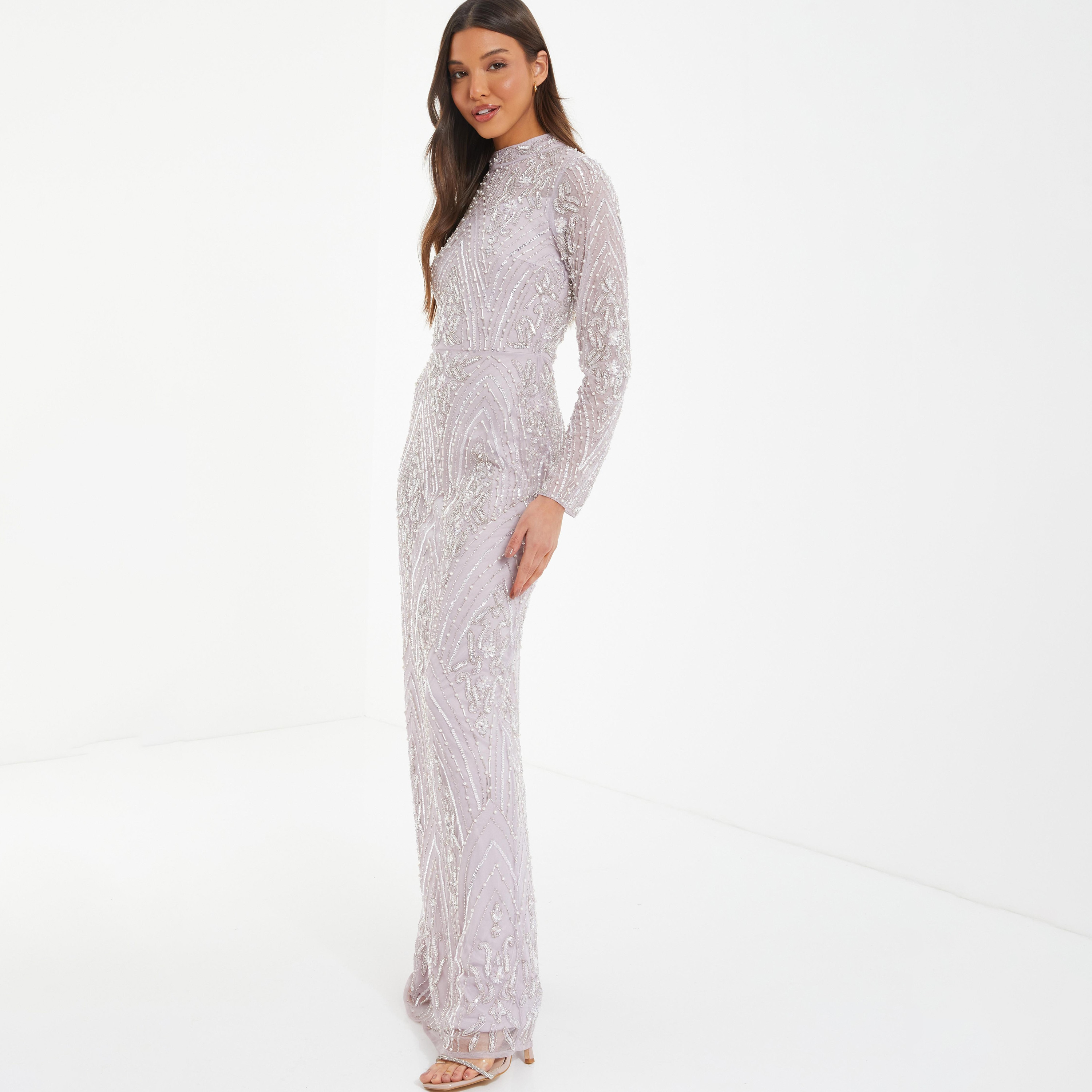 فستان ماكسي سليت مزين بسيكونس ومنمق بياقة موك من كويز-women-clothing-dresses-image-2
