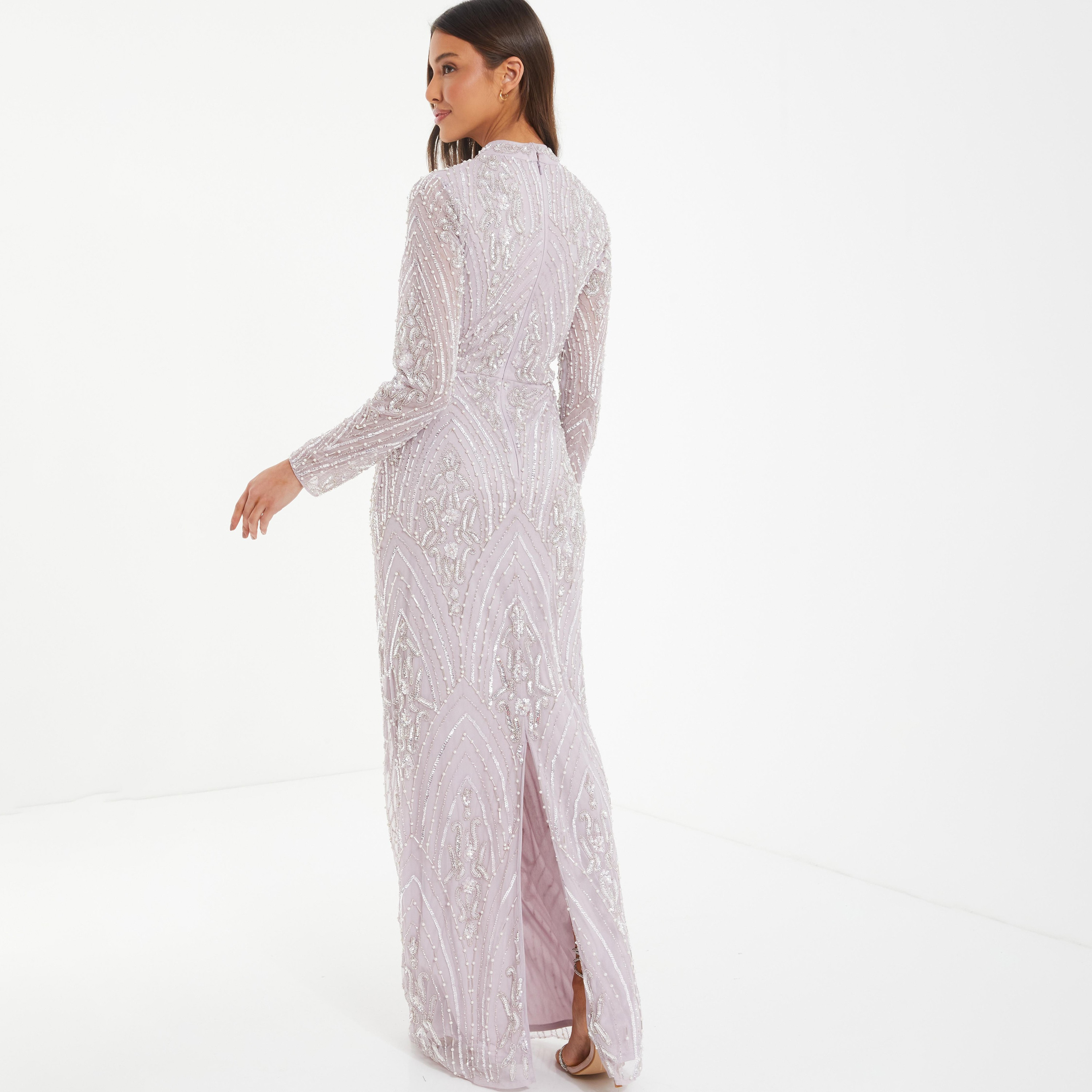 فستان ماكسي سليت مزين بسيكونس ومنمق بياقة موك من كويز-women-clothing-dresses-image-4