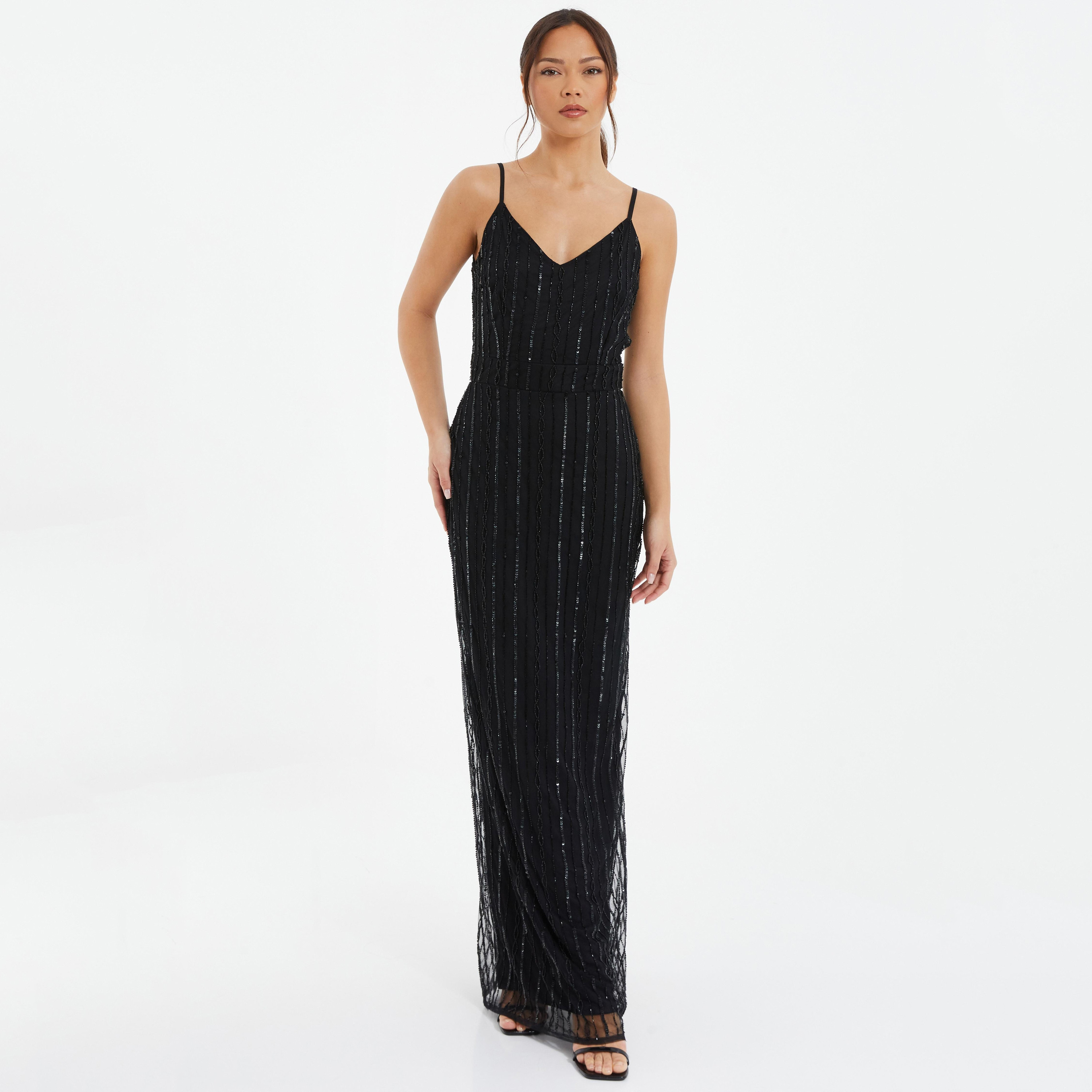 Quiz Embellished and Beaded Shoulder Strap Maxi Dress with Cape-women-clothing-dresses-image-2